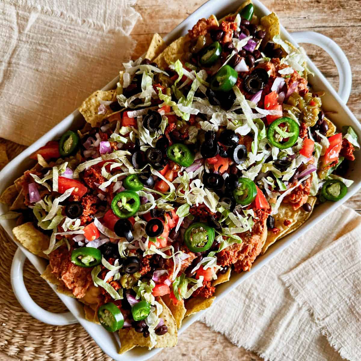 top view of a vegan nacho casserole.