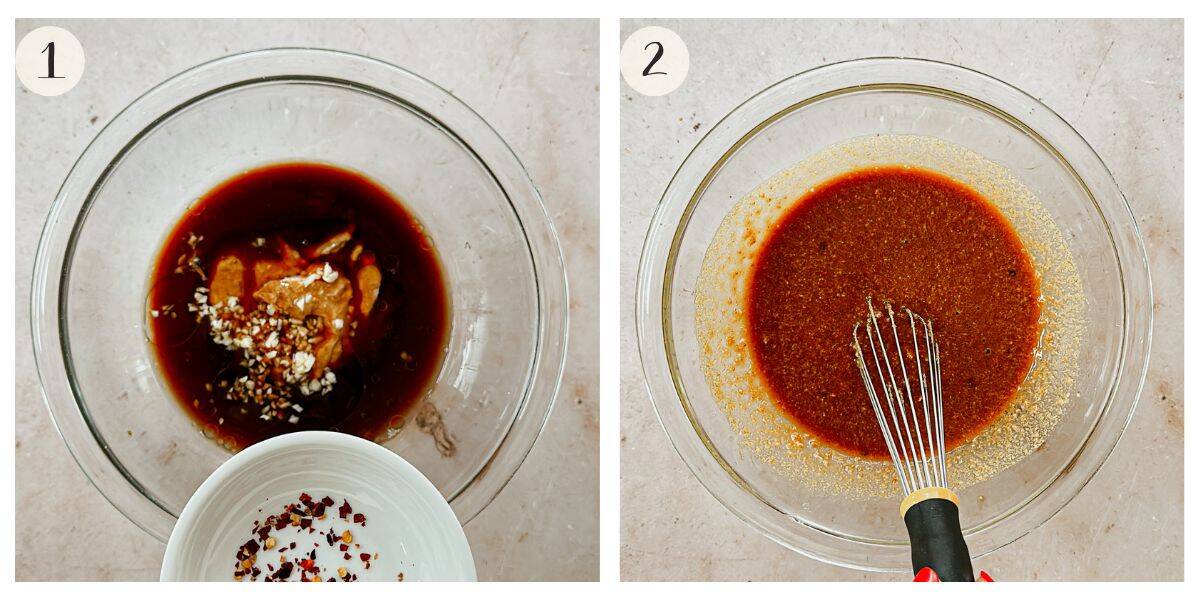 Step-by-step images showing peanut sauce preparation: Step 1 with ingredients like peanut butter, soy sauce, garlic, and vinegar in a bowl; Step 2 with the mixture whisked into a smooth sauce.