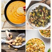 collage of 4 different recipes that use nutritional yeast.