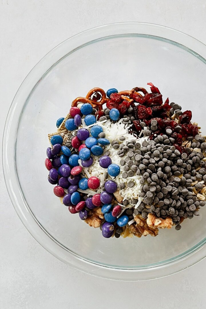 Trail mix Overhead view of a glass bowl filled with colorful vegan trail mix ingredients, including chocolate chips, cranberries, pretzels, sunflower seeds, coconut shreds, and Real Gems candies, all neatly separated before mixing.