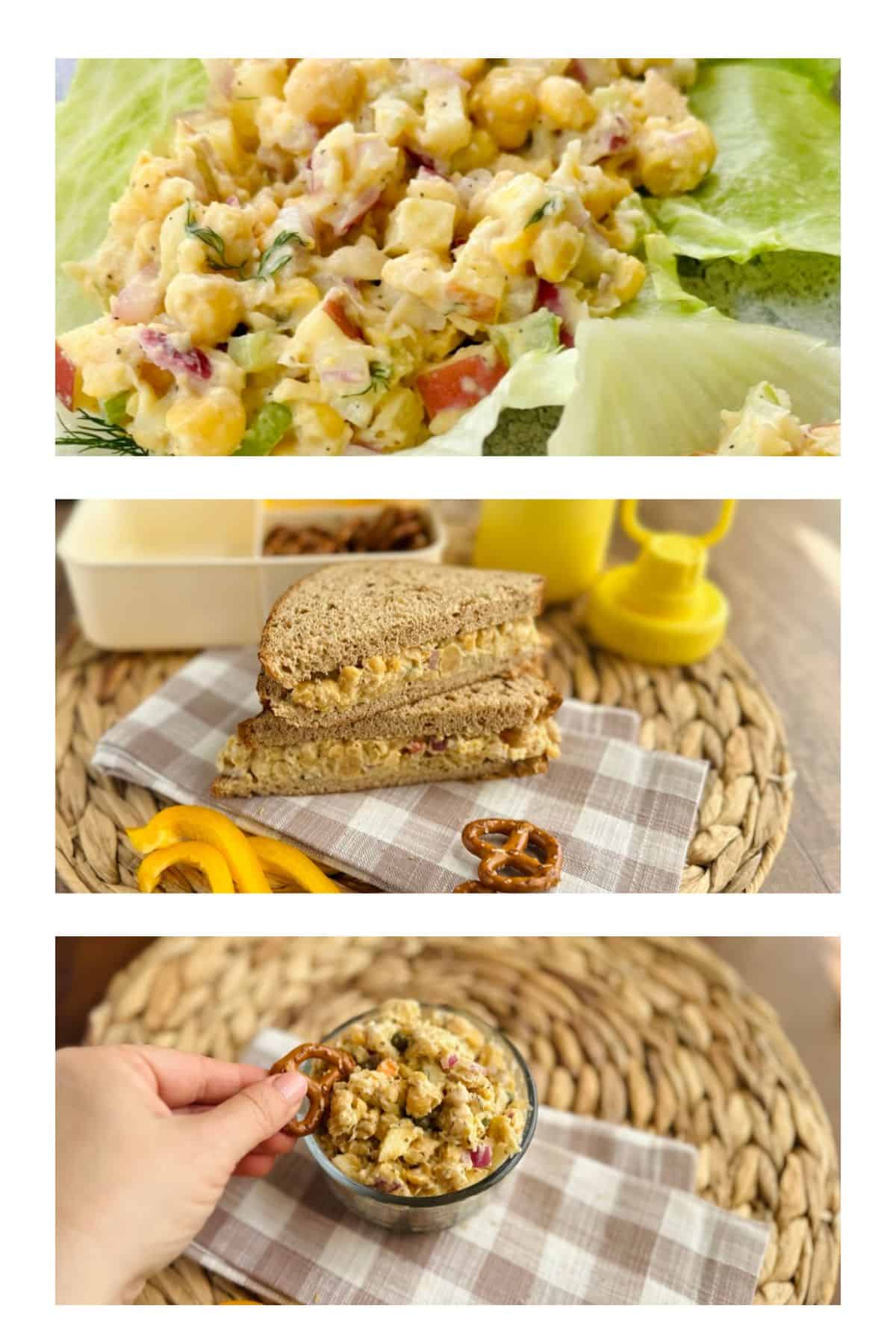 collage of three different serving suggestion for the chickpea salad.