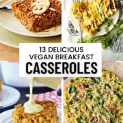 collage of 4 different vegan breakfast casserole dishes.