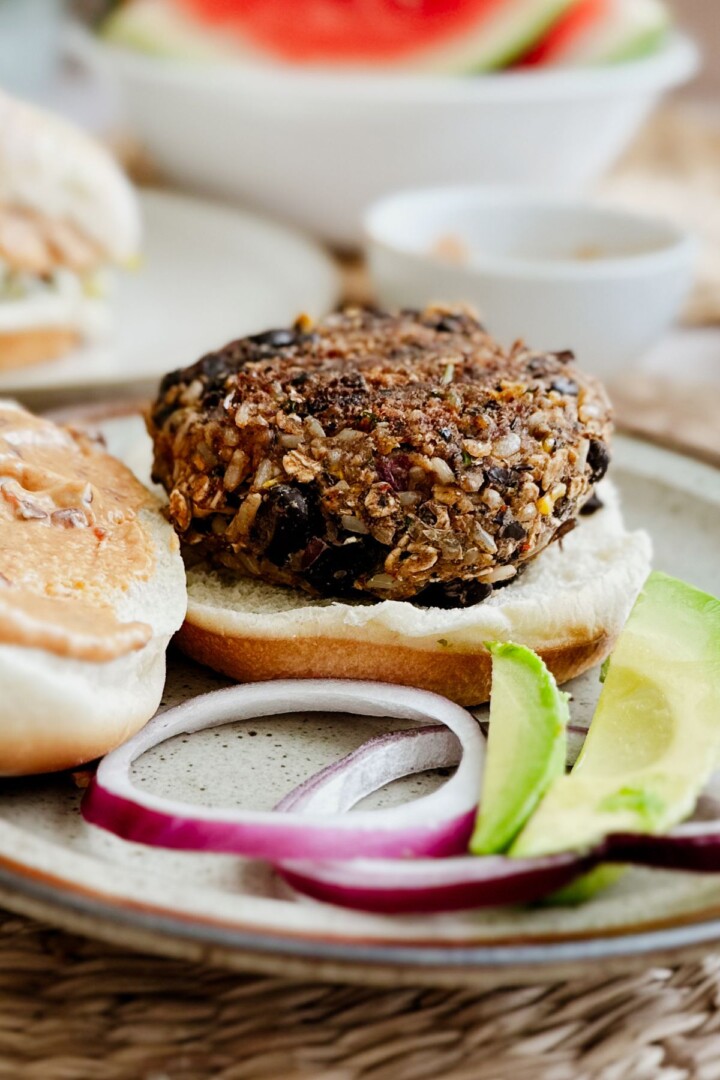Chipotle black bean burger on a bun.