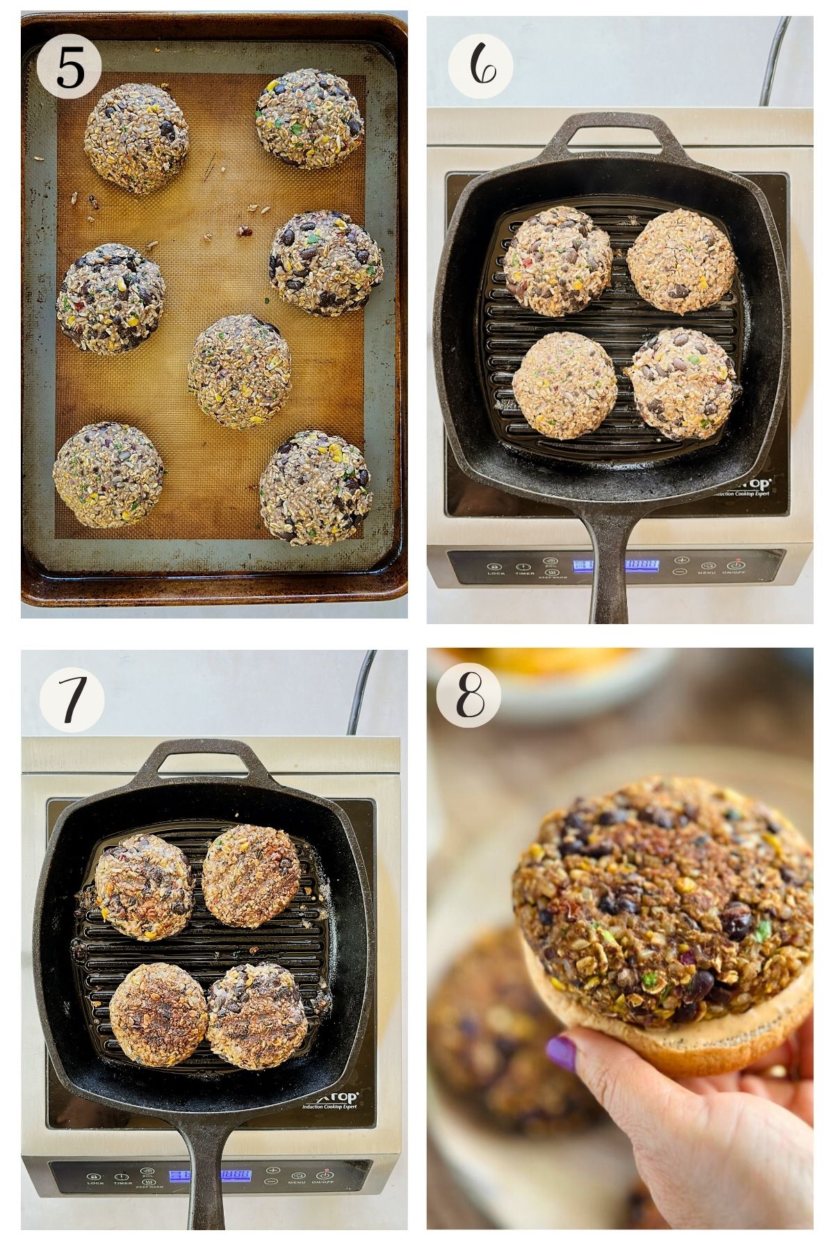 Steps 5-8 collage showing making chipotle black bean burgers. Step 5: Seven uncooked black bean burger patties arranged on a baking sheet. Step 6: Four raw patties placed in a square cast iron grill pan. Step 7: The same four patties after flipping. Step 8: A hand holding an assembled black bean burger on a bun.
