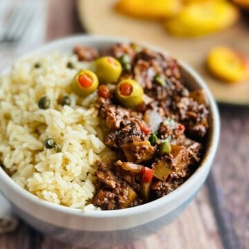 vegan picadillo with rice in a bowl
