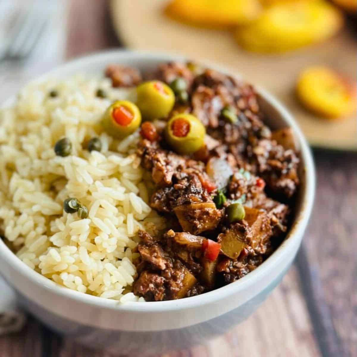 vegan picadillo with rice in a bowl