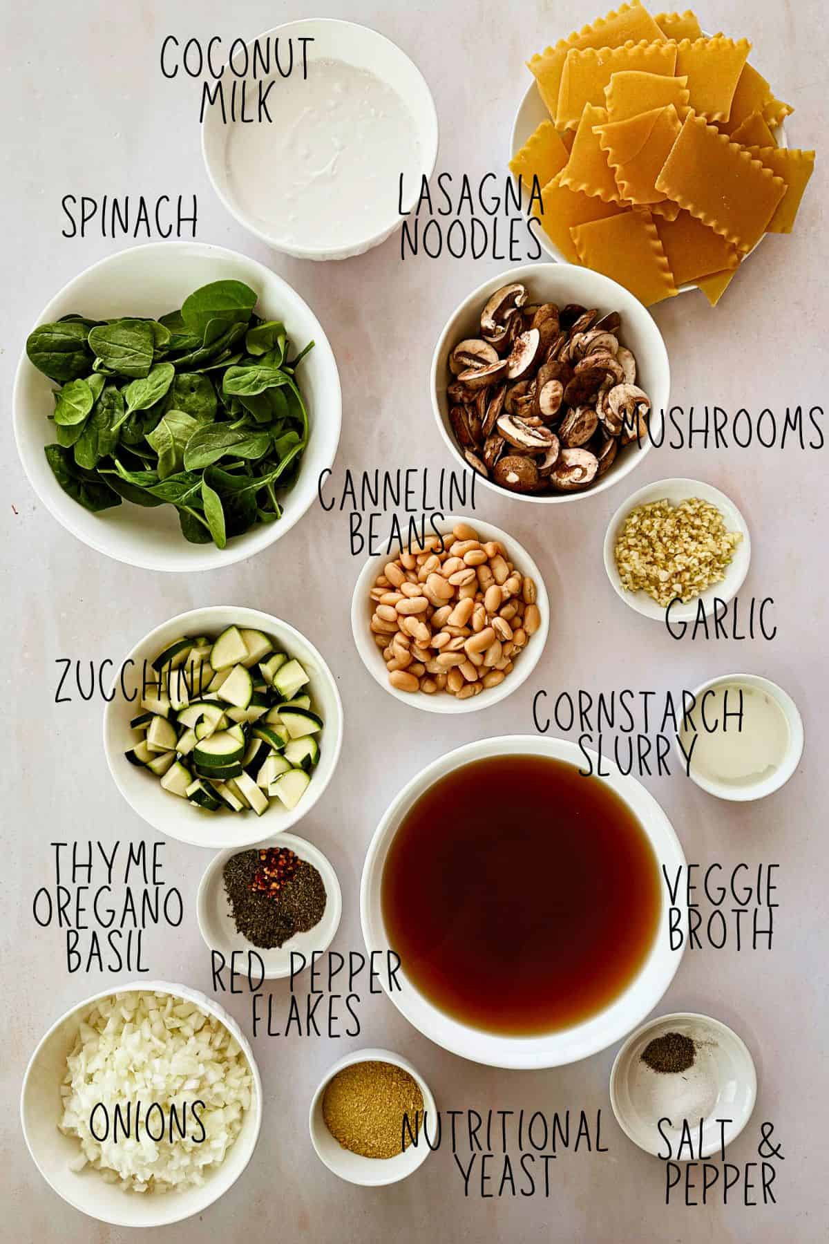 Vegan White Lasagna Soup Ingredients in bowls; top view