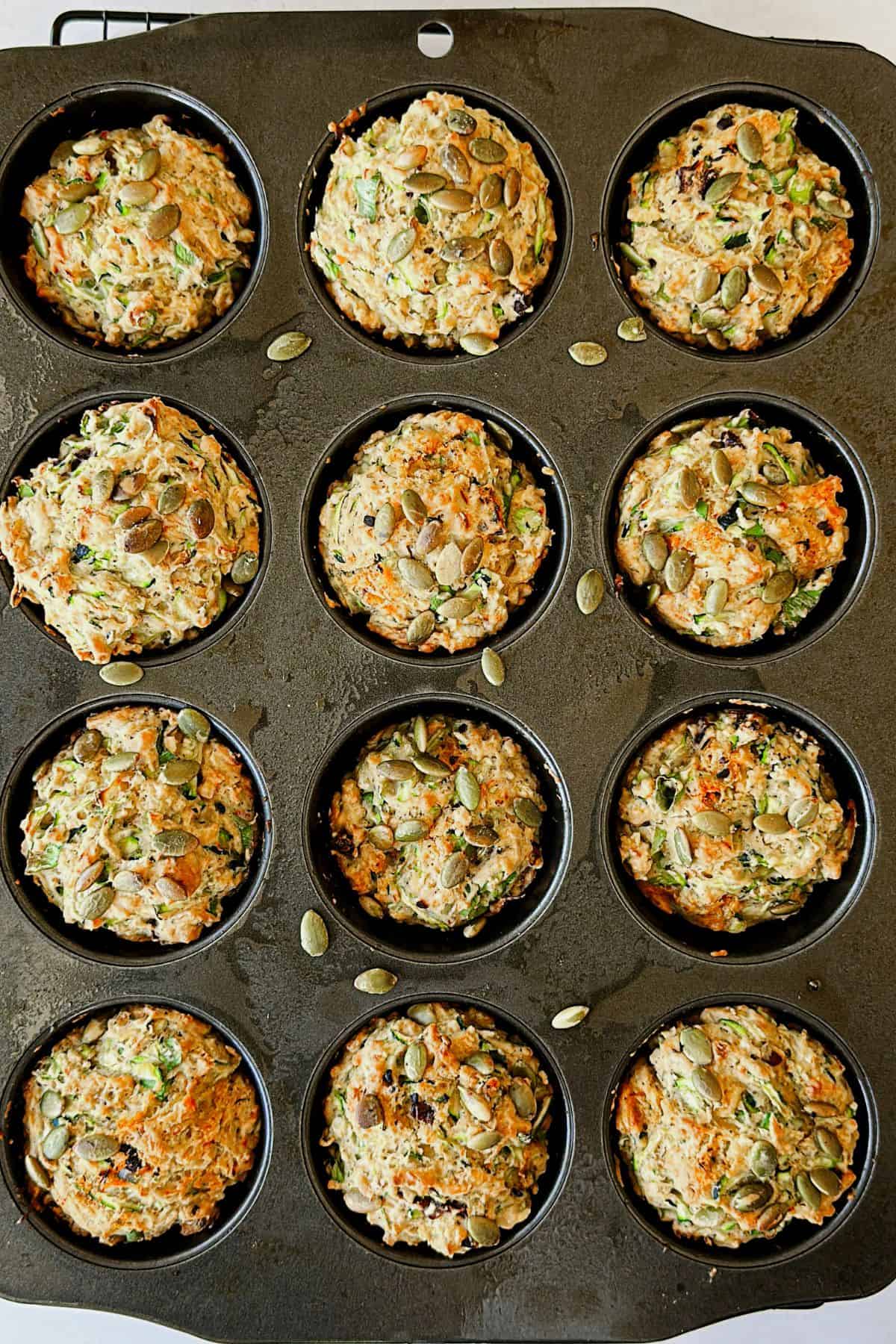 top view of baked savory vegan zucchini muffins