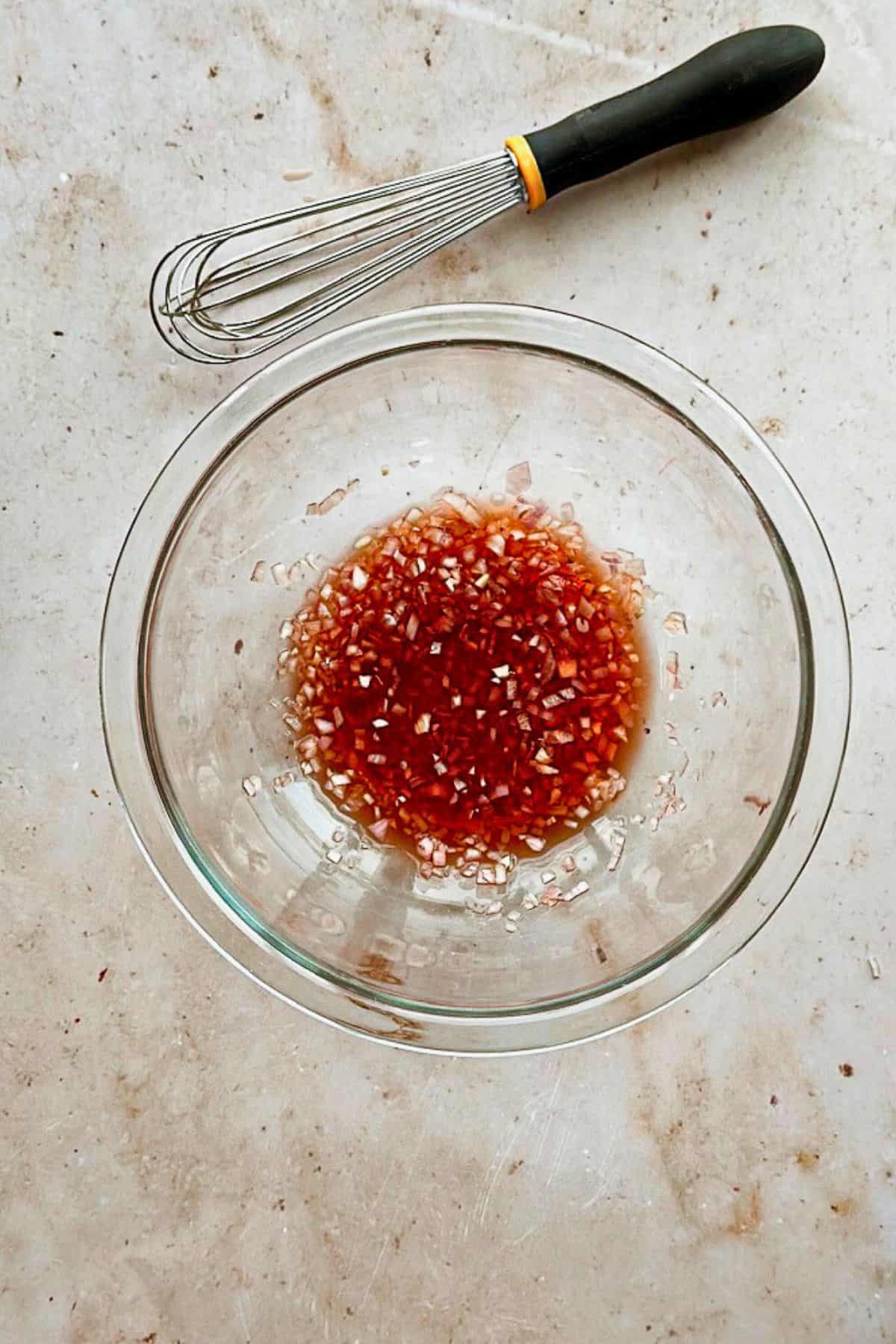 classic French vinaigrette; vinegar and shallots marinating in bowl