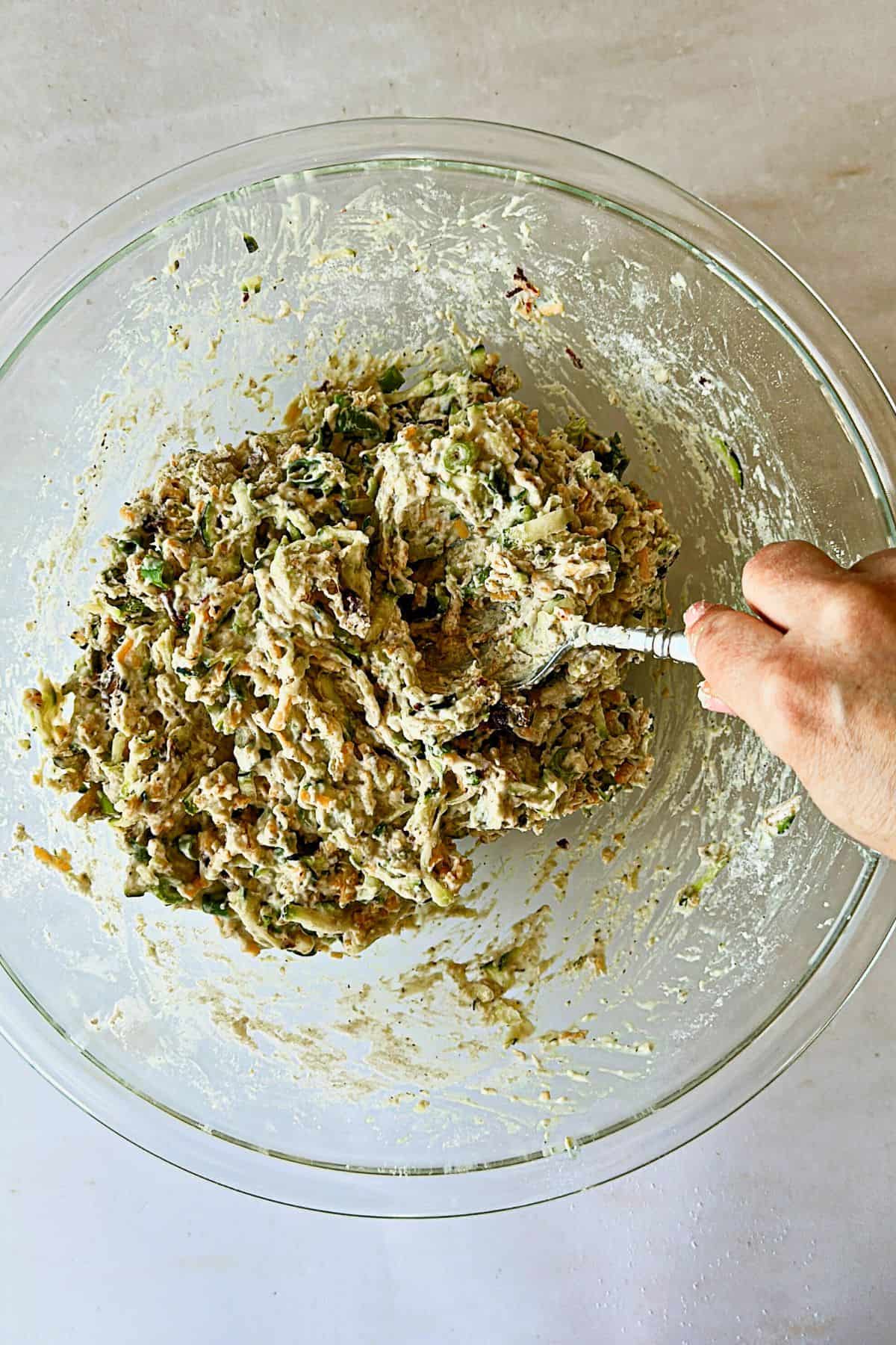 top view of combining all the ingredients for savory vegan zucchini muffins