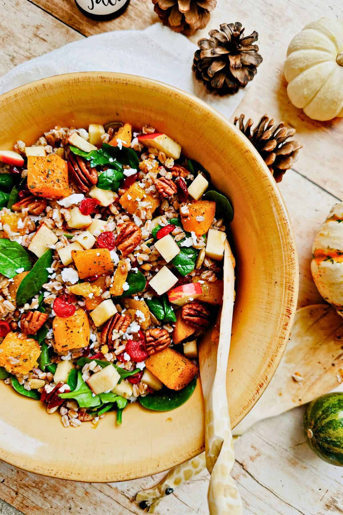 fall farro salad with butternut squash in a bowl mixed together