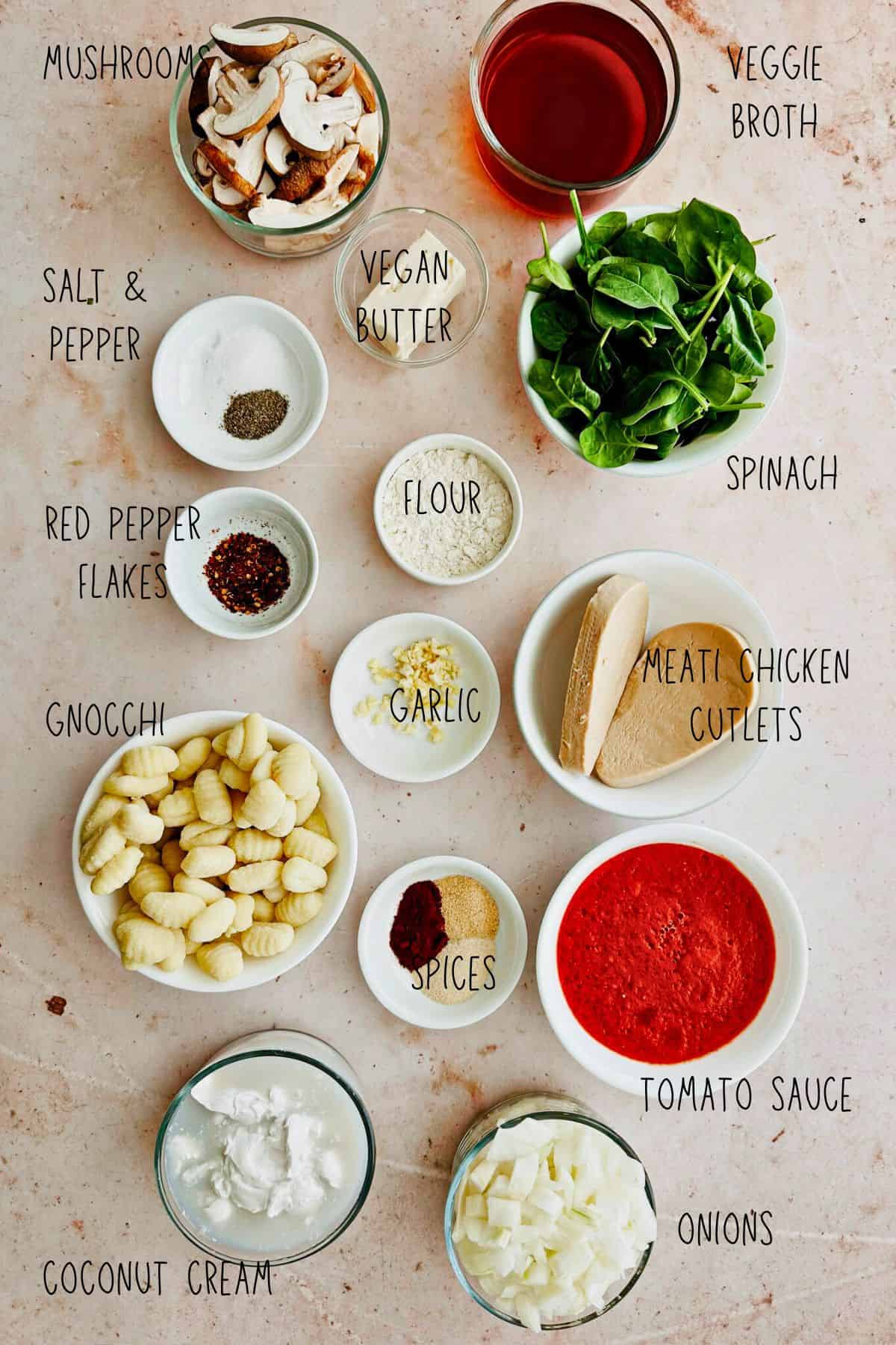 ingredients for Vegan One-Pot Creamy Tomato Gnocchi with Meati Chicken