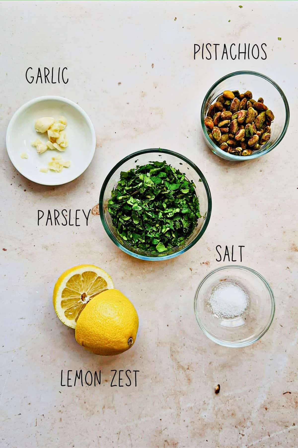 ingredients for pistachio gremolata