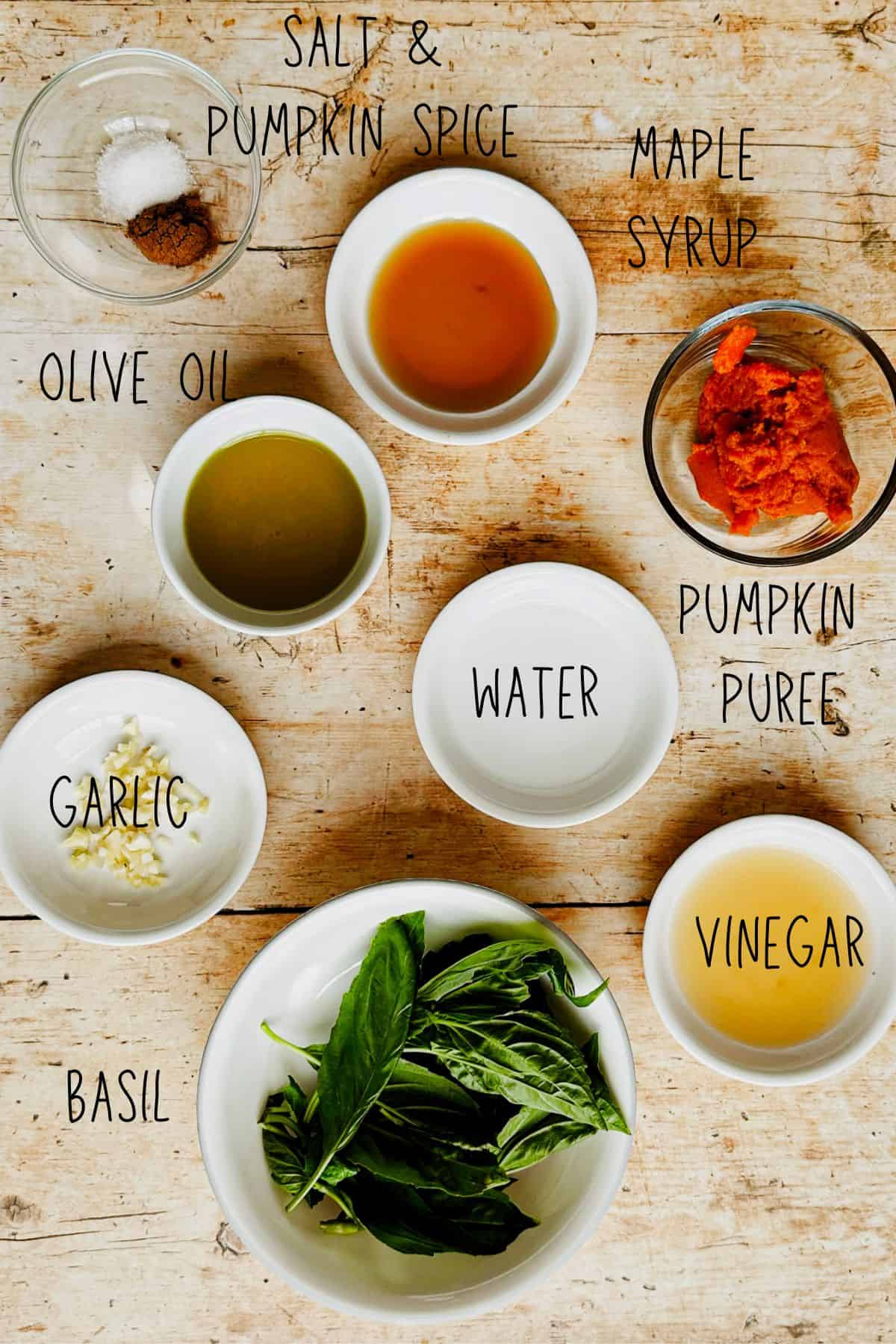 ingredients for pumpkin vinaigrette in bowls