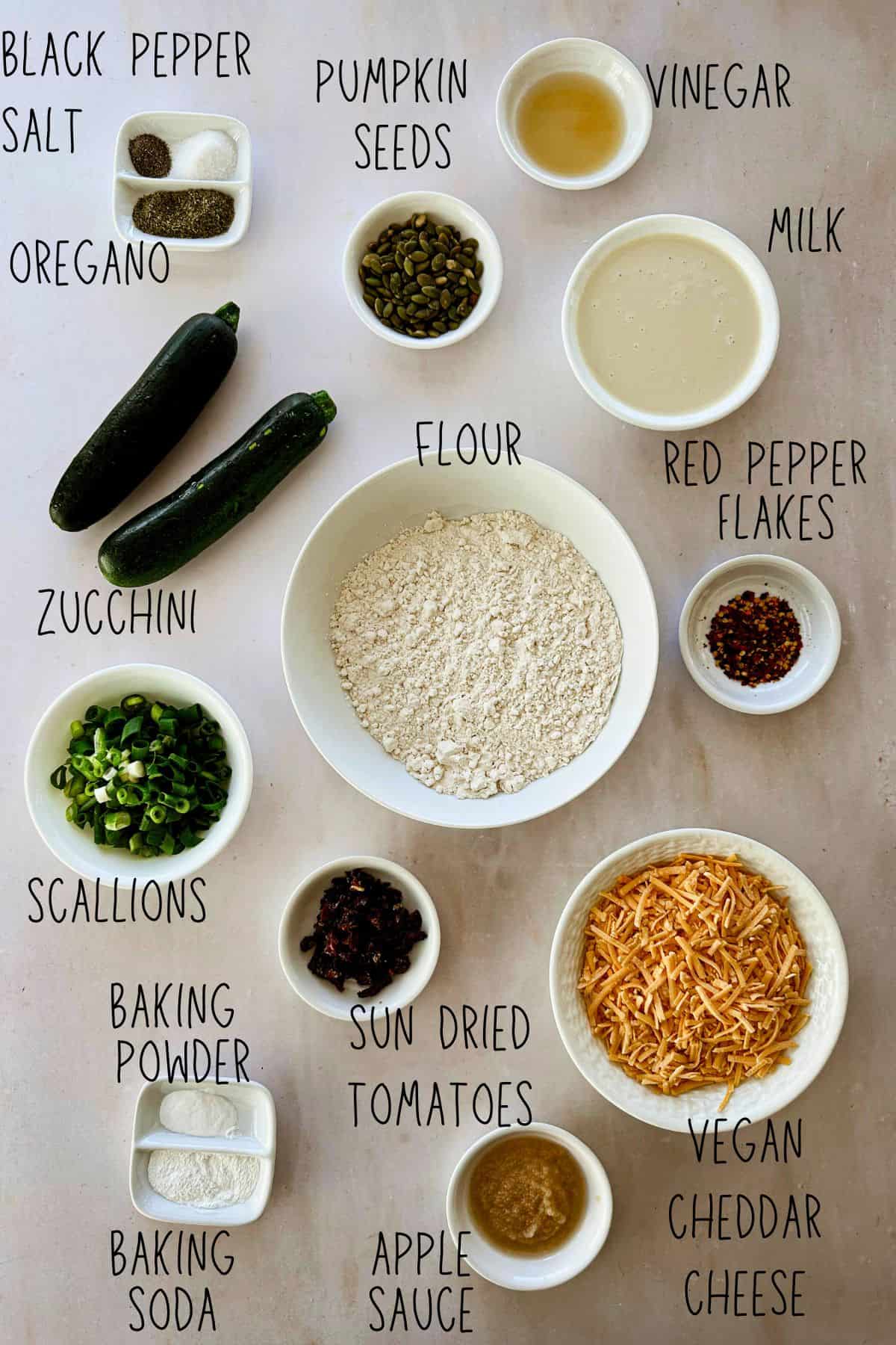 top view of ingredients for savory vegan zucchini muffins