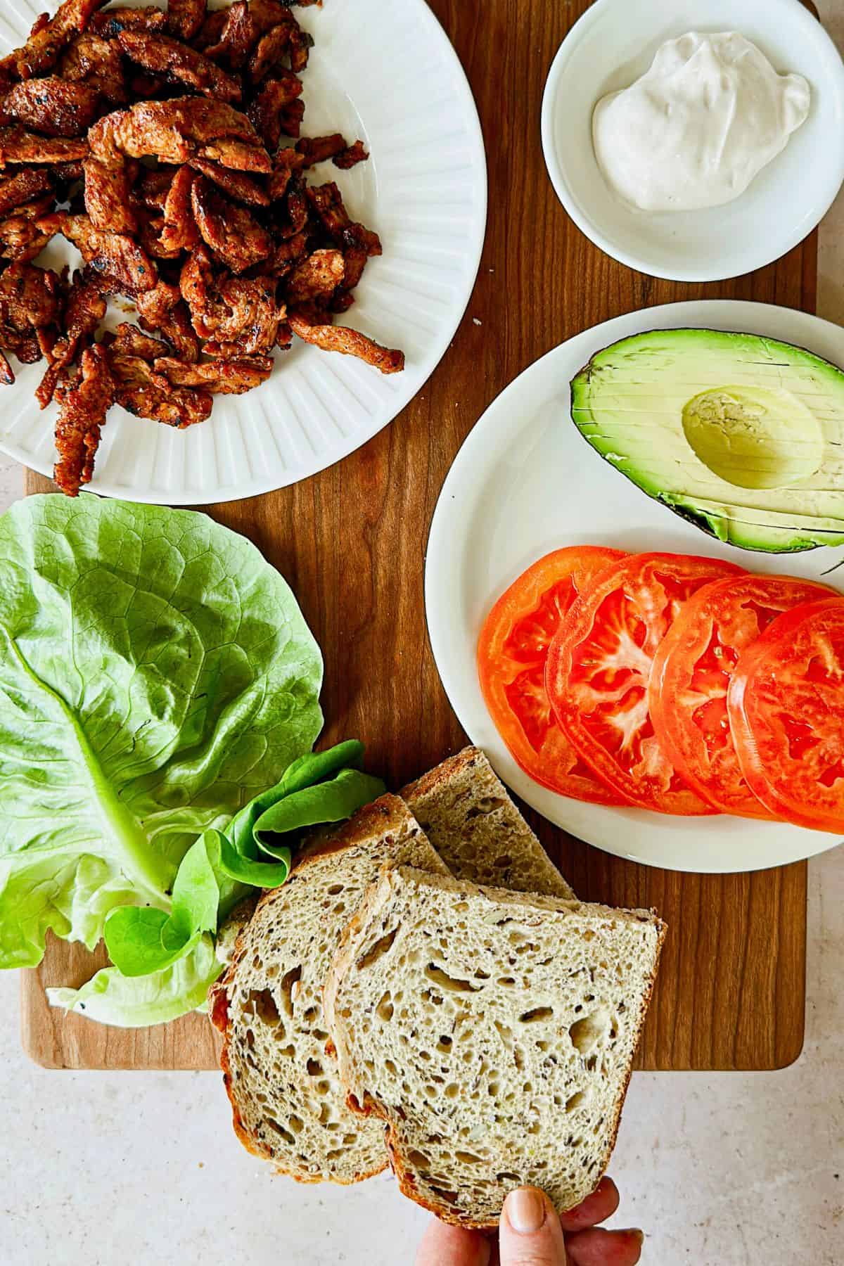 top view of all the ingredients for the sandwich.