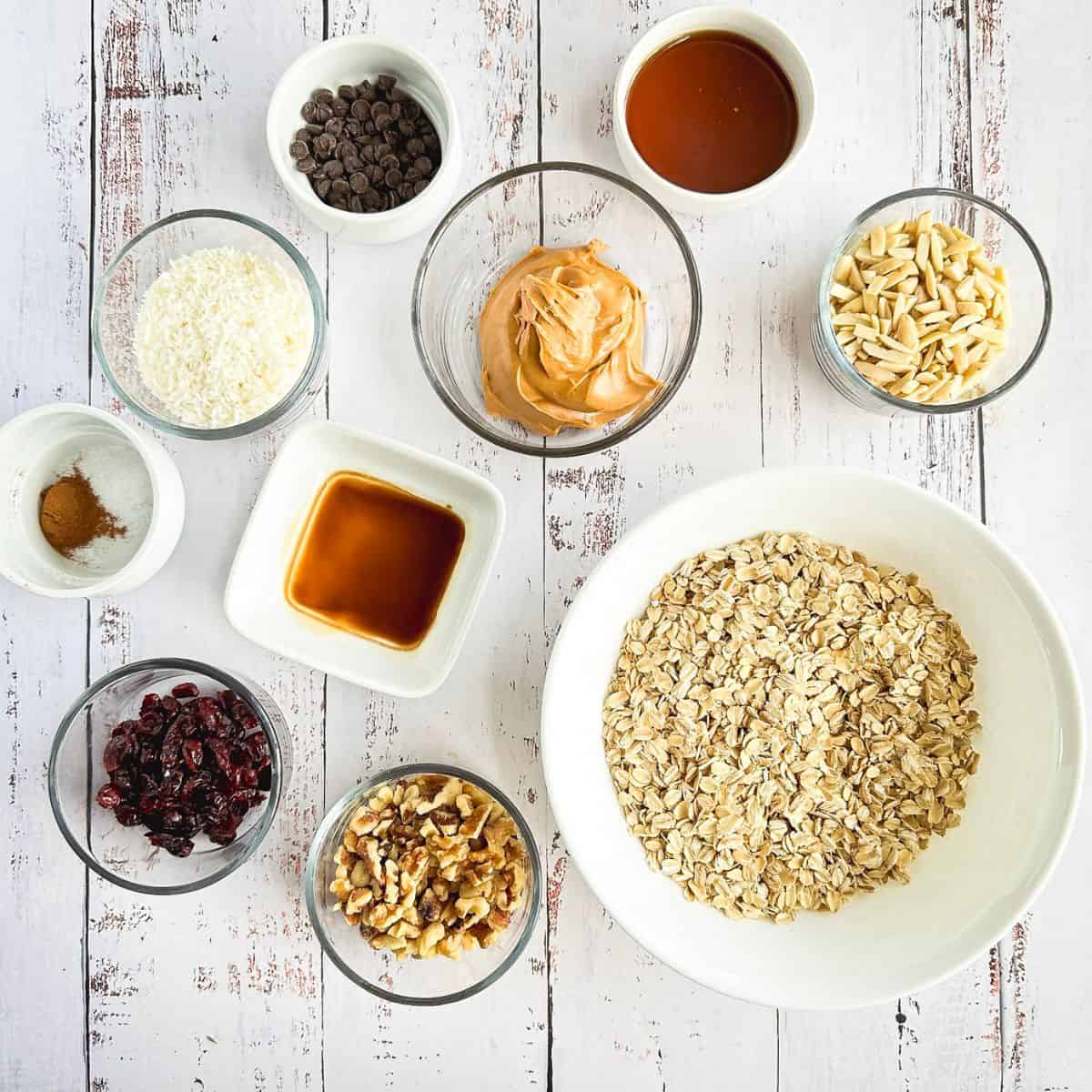 individual bowls for ingredients for vegan granola bars