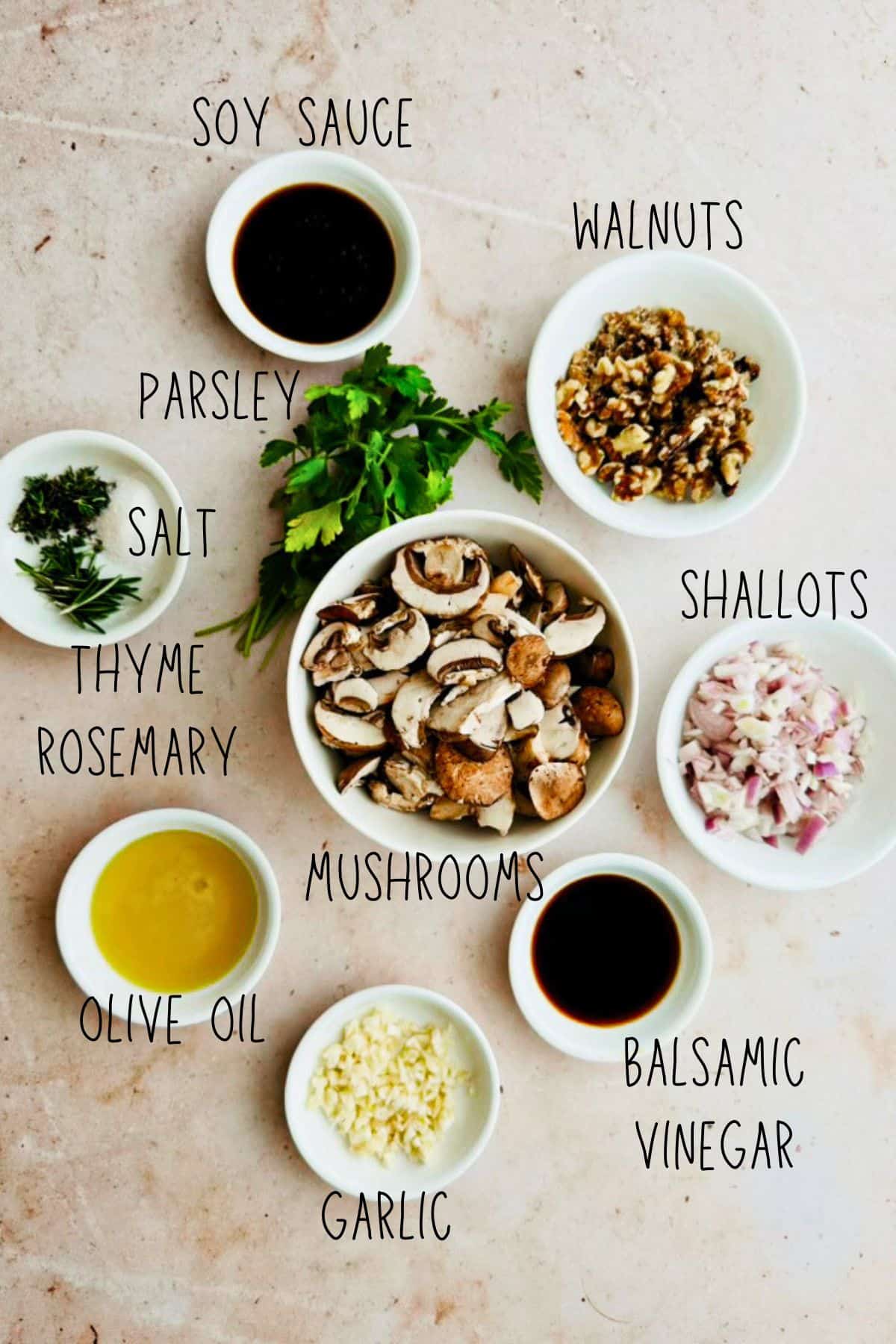 ingredients for vegan mushroom and walnut pate in bowls