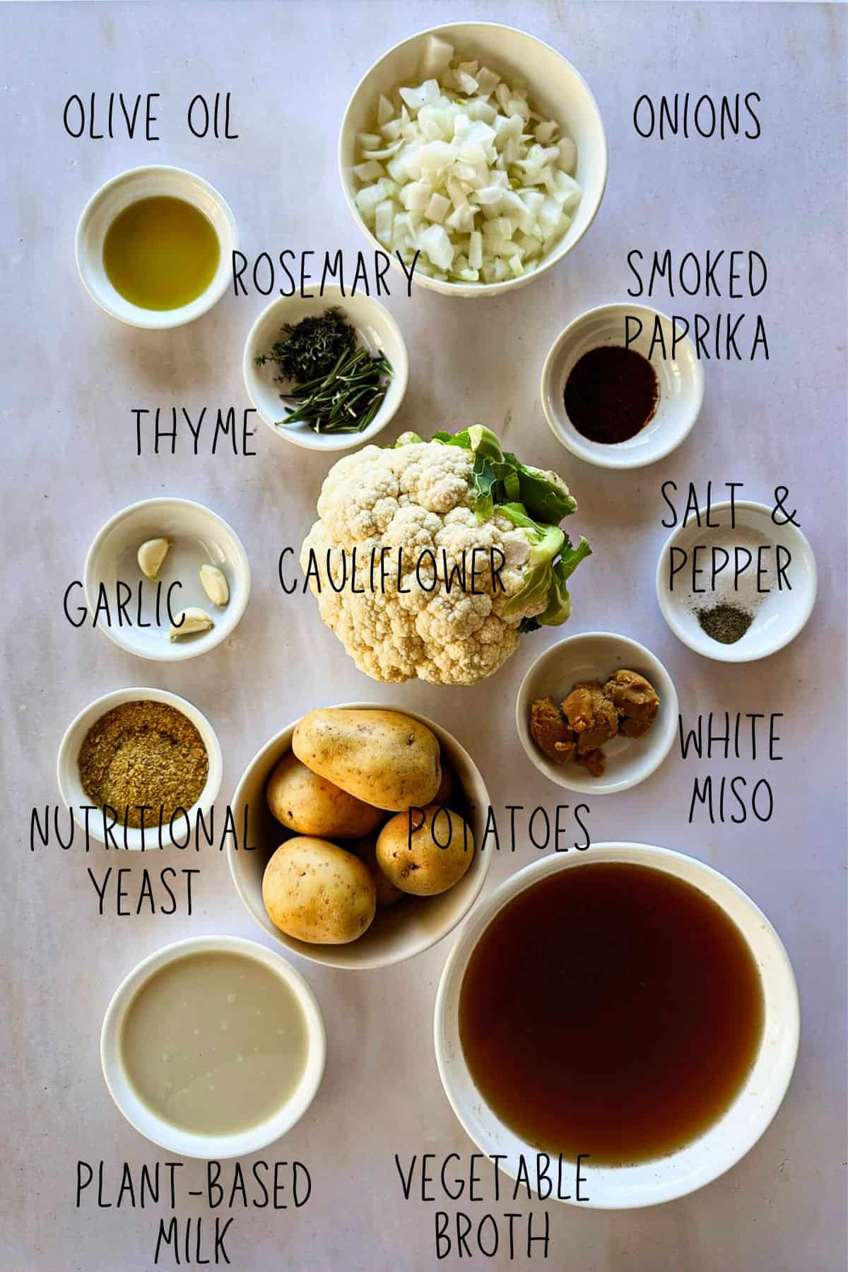ingredients for vegan potato and cauliflower soup