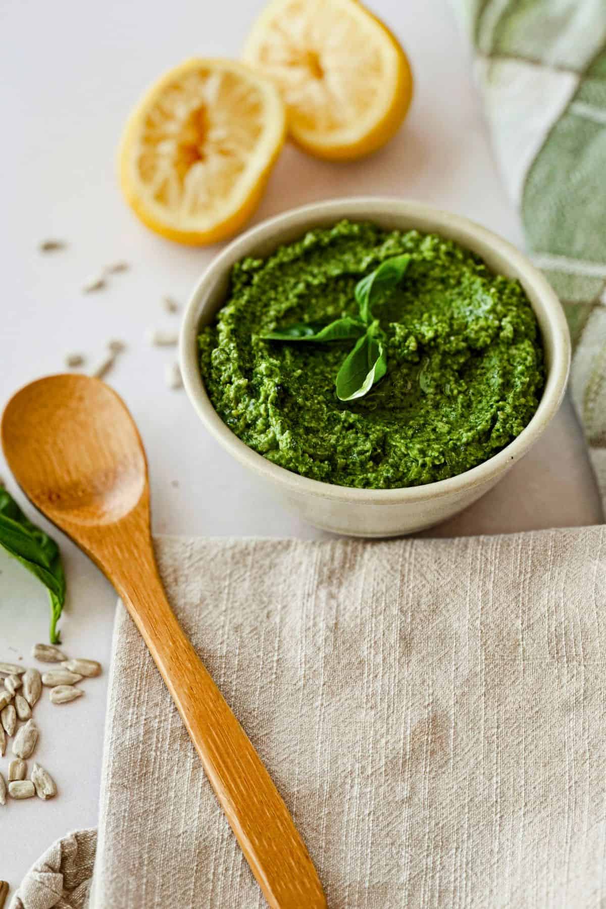 nut free and vegan sunflower seed pesto in a bowl