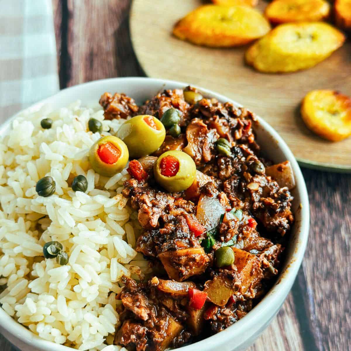 vegan picadillo and rice with sweet plantains on the side