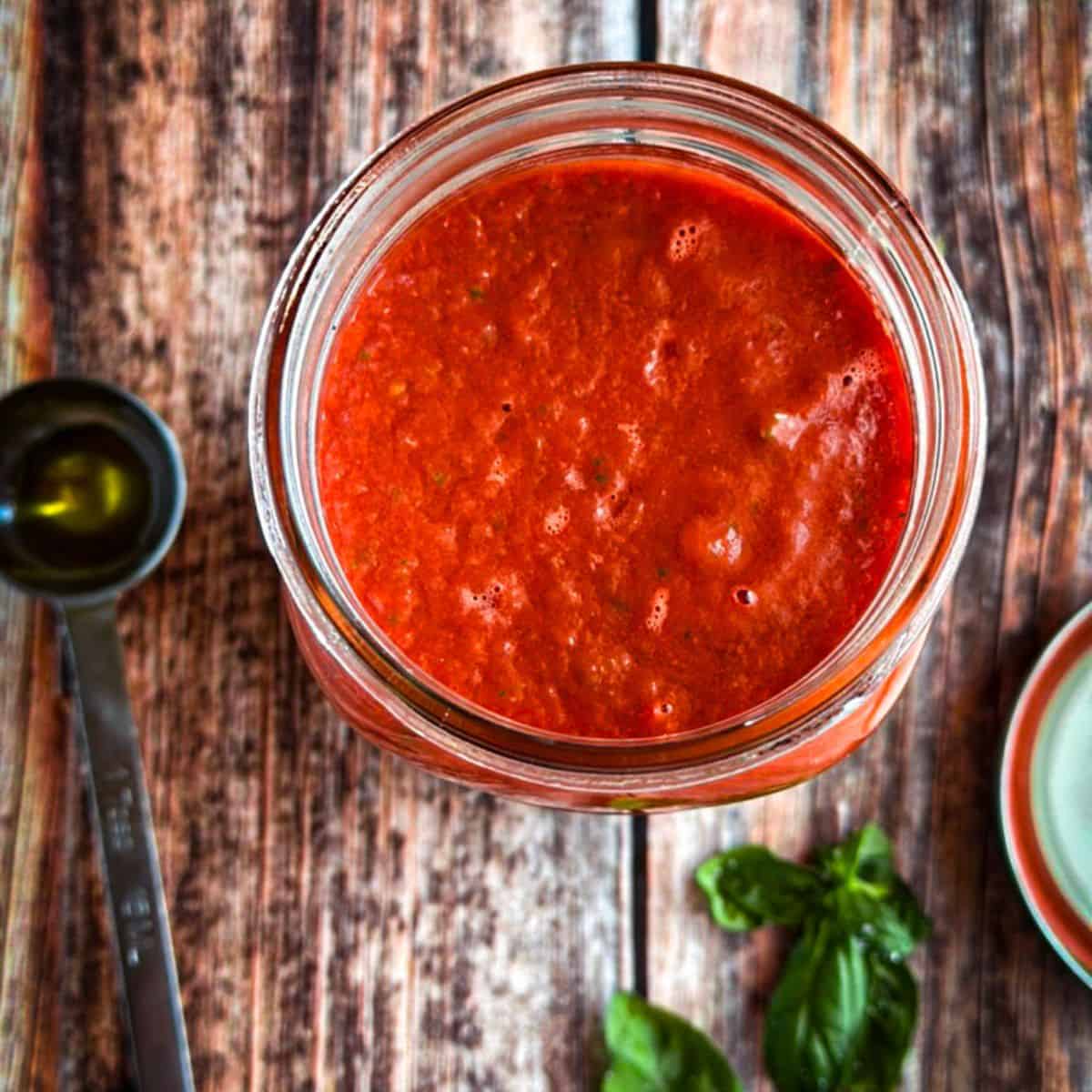 pizza sauce in a mason jar top view
