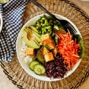 red curry tofu bowl; top view.