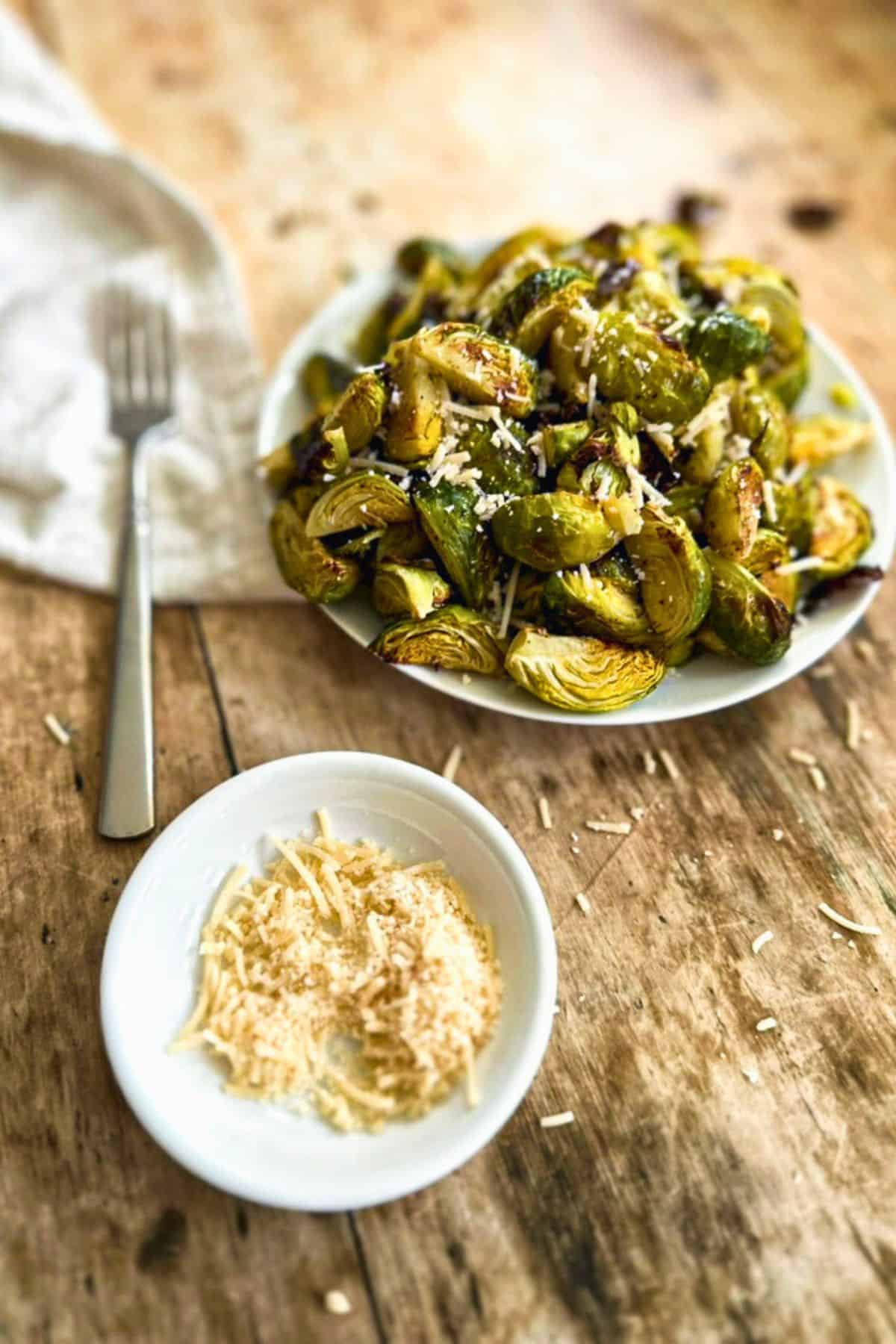 roasted Brussels sprouts with vegan parmesan cheese