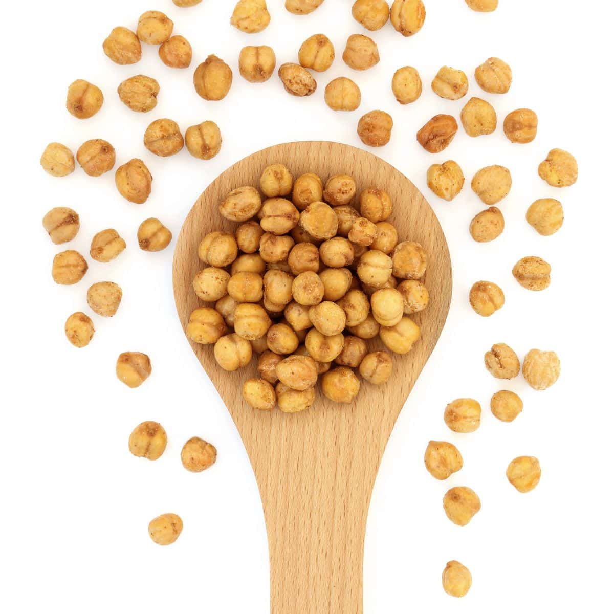 roasted chickpeas on a wooden spoon