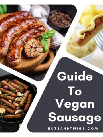 collage of three different types of vegan sausage