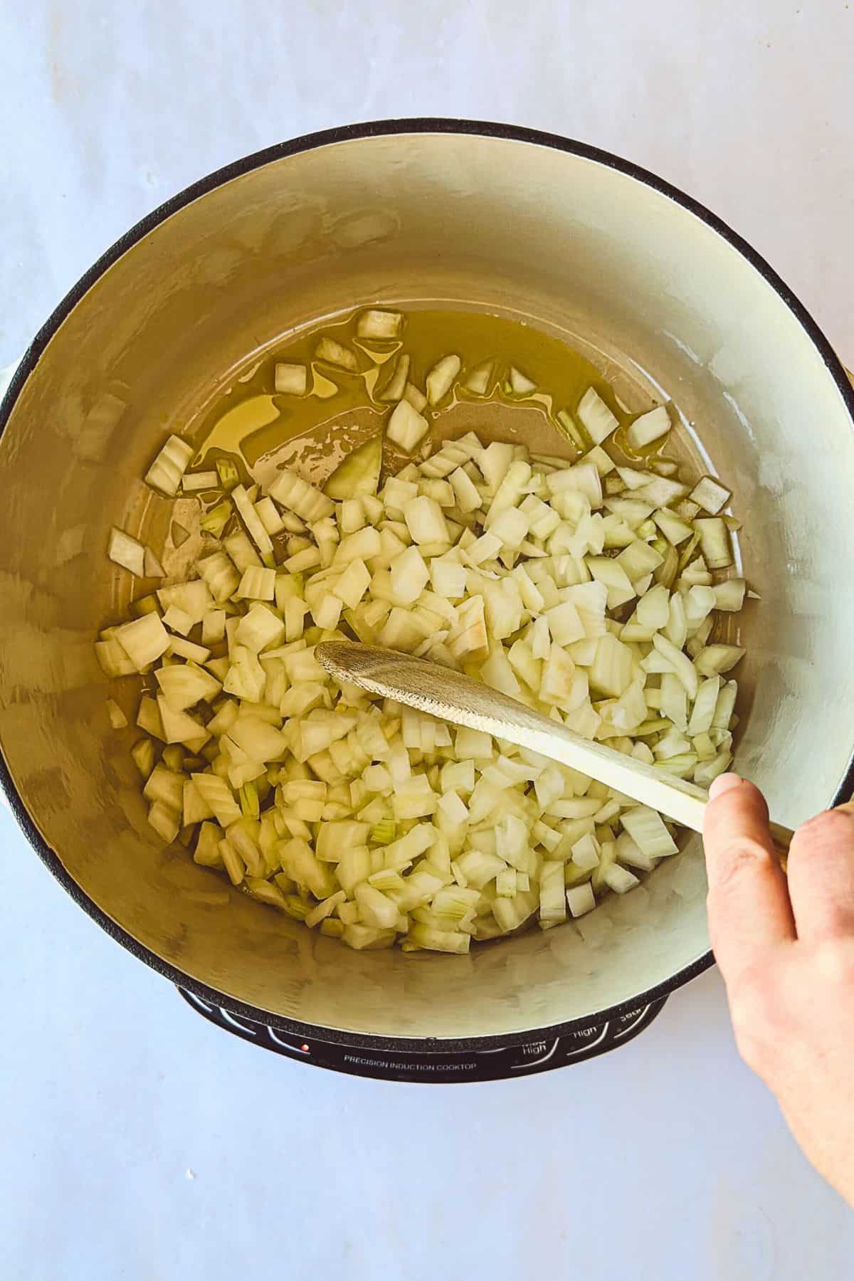 sauteeing onions for Vegan Sweet Potato and Peanut Stew