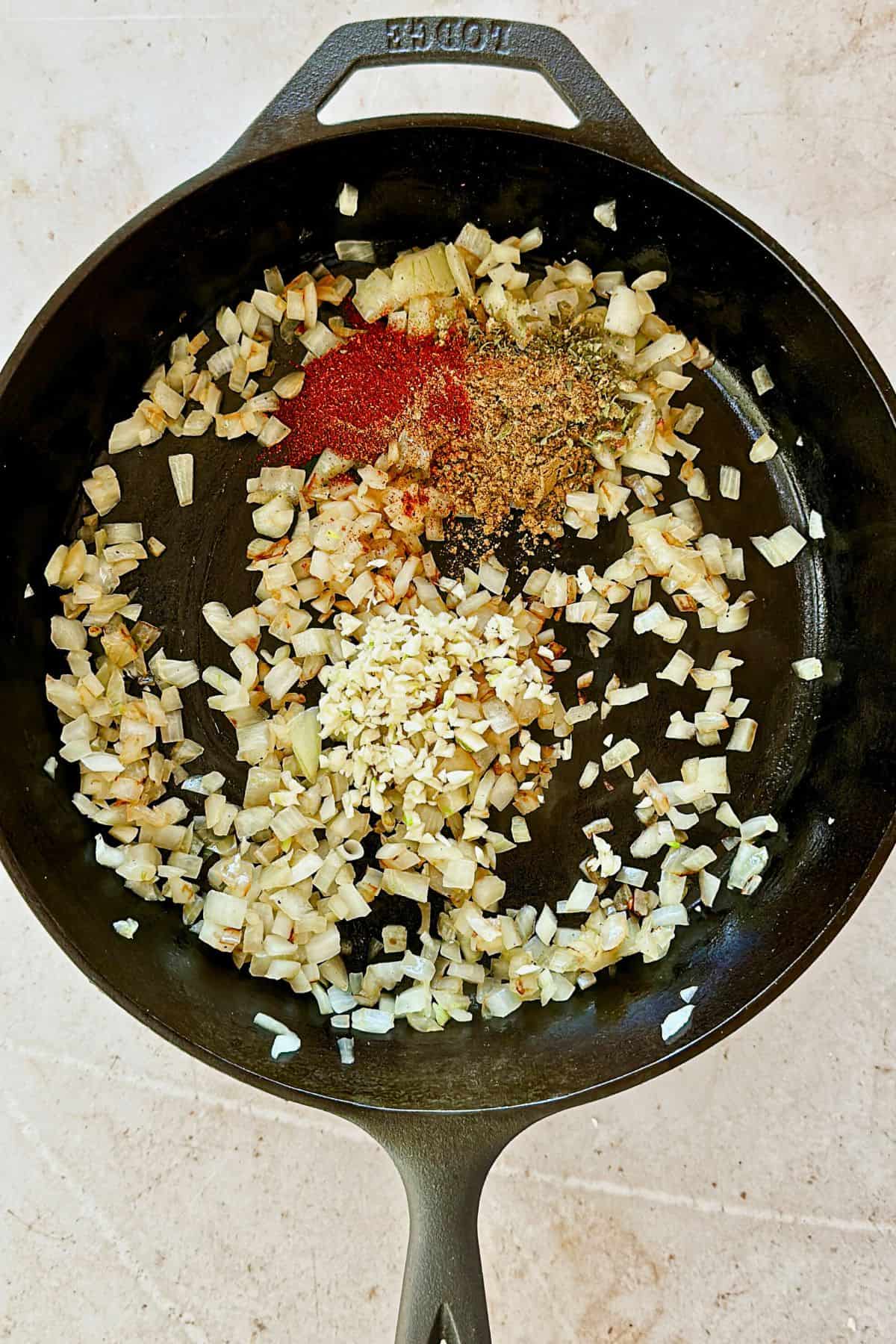 sauteeing spices for vegan jackfruit nachos