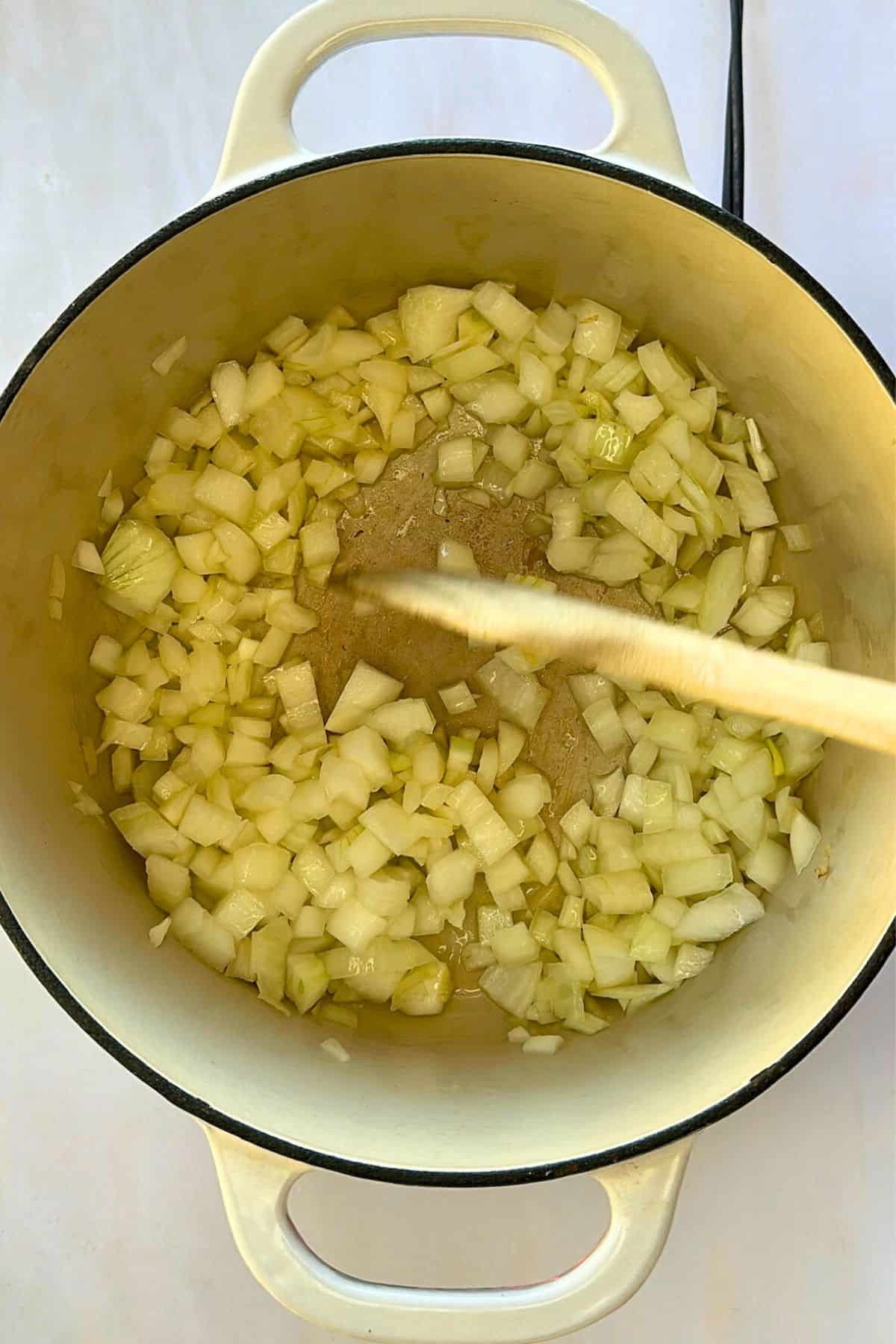 sauteing onions for vegan potato and cauliflower soup