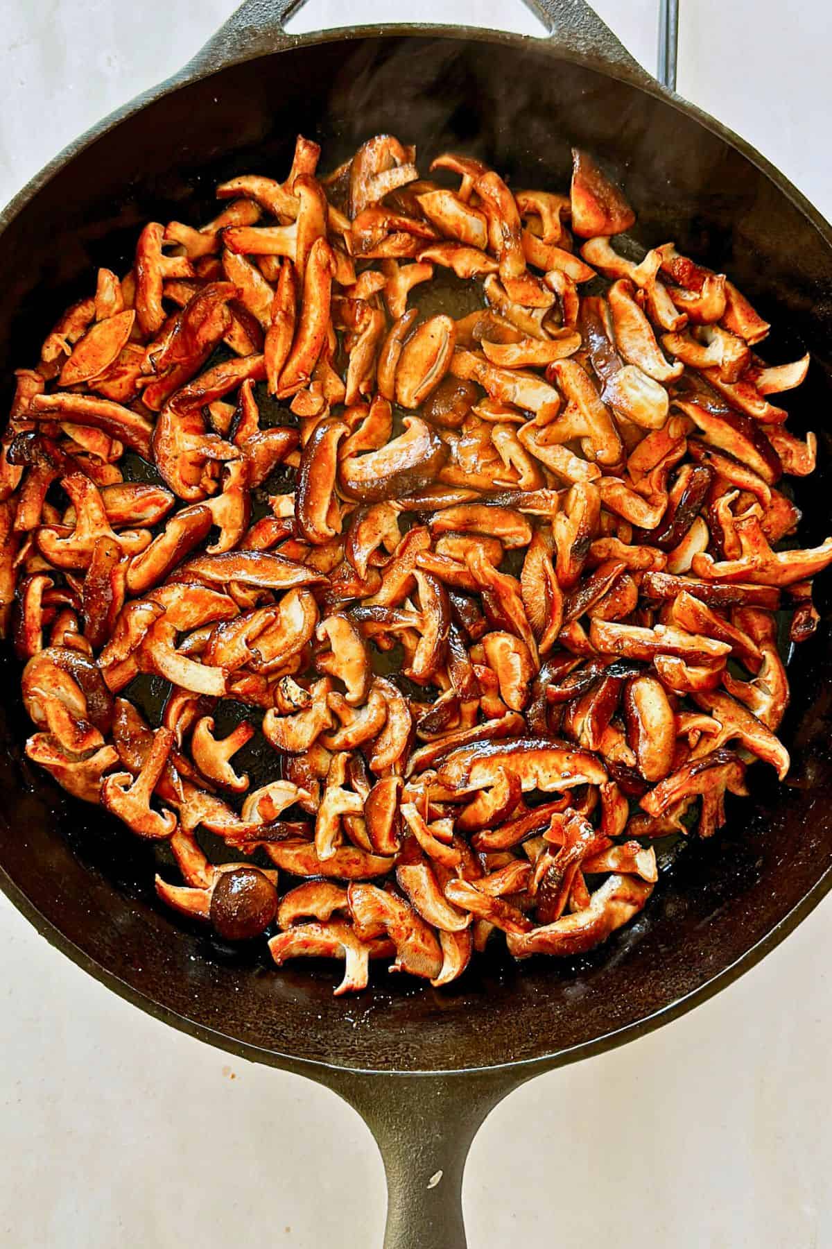 smoky glazed mushrooms in a skillet