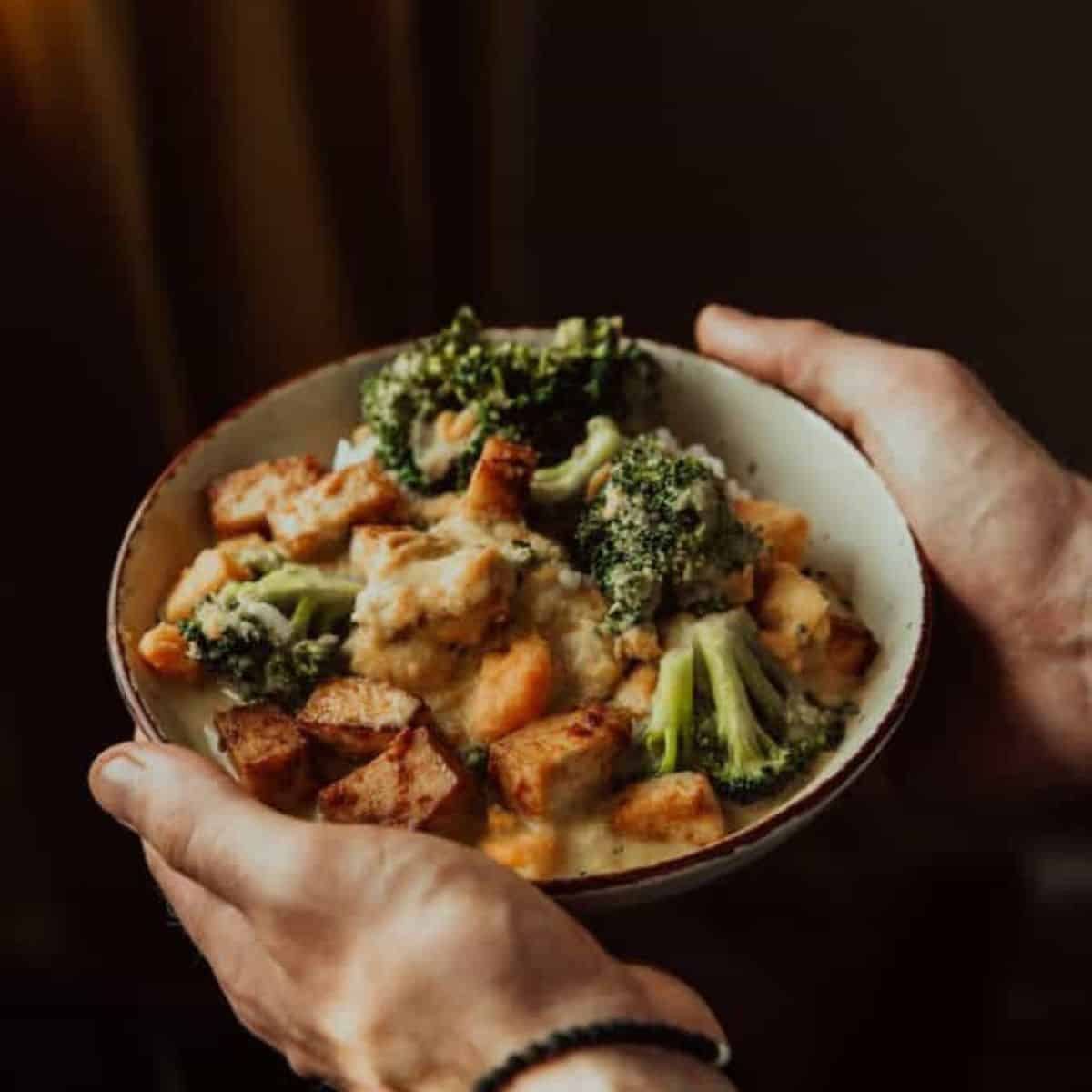 hand holding tofu broccoli bowl