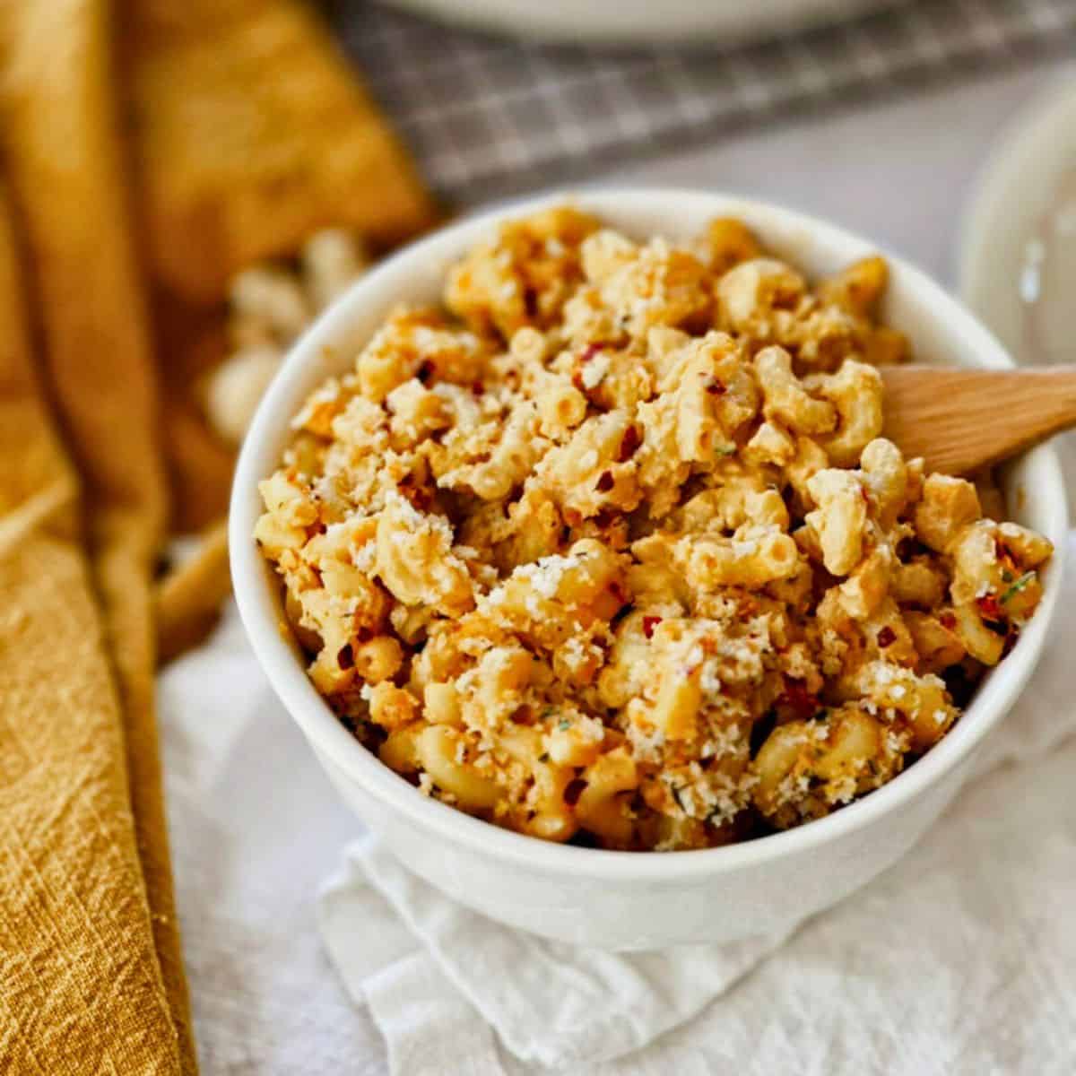 vegan baked mac and cheese in a bowl