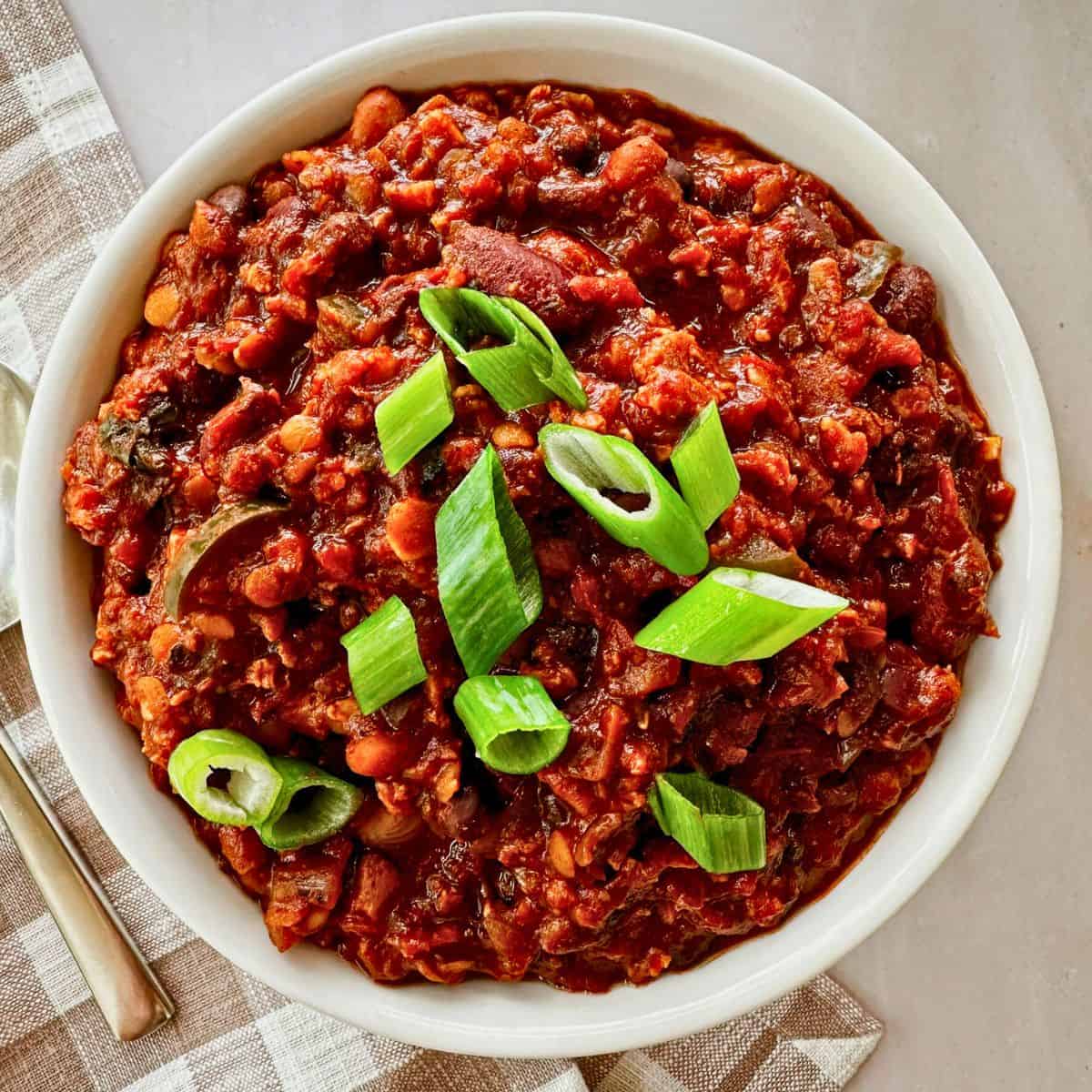 vegan chili with tvp in a bowl top view