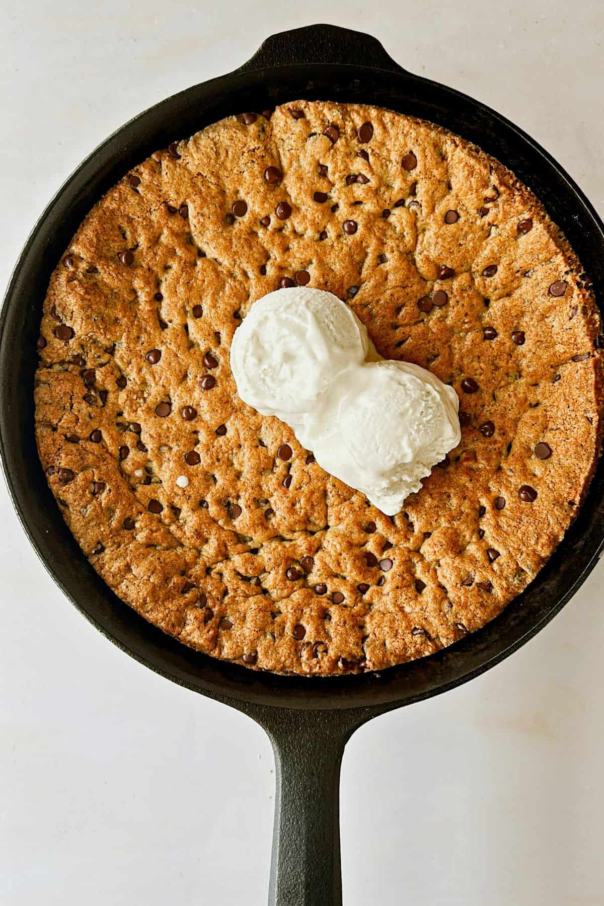 overview of vegan chocolate chip skillet cookie (bj's copycat) in a skillet