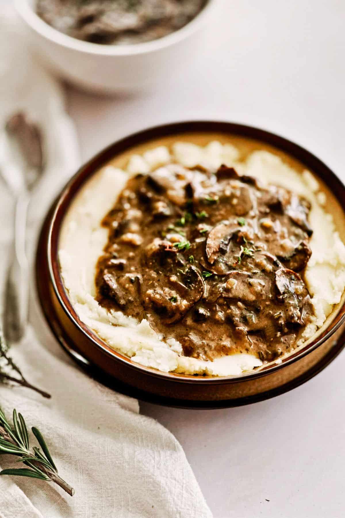 Vegan mushroom gravy in a bowl