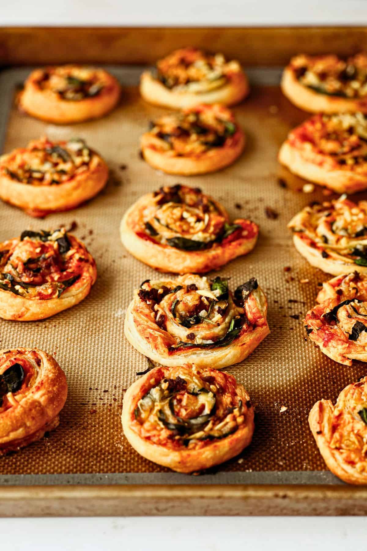 vegan pizza rolls on a baking tray