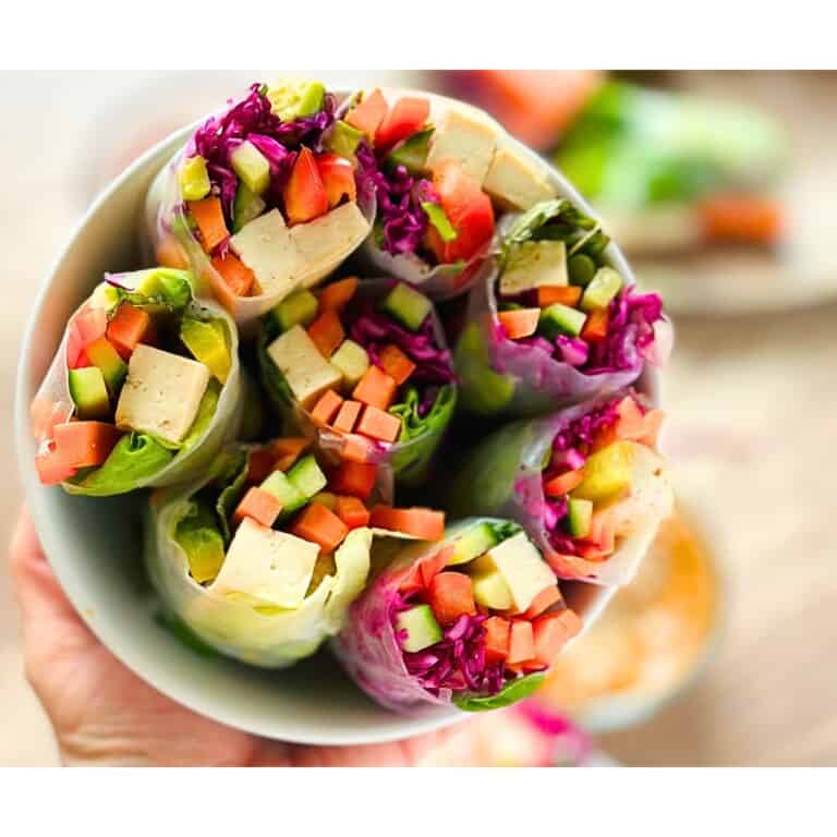 vegan summer rolls in a bowl held by a hand