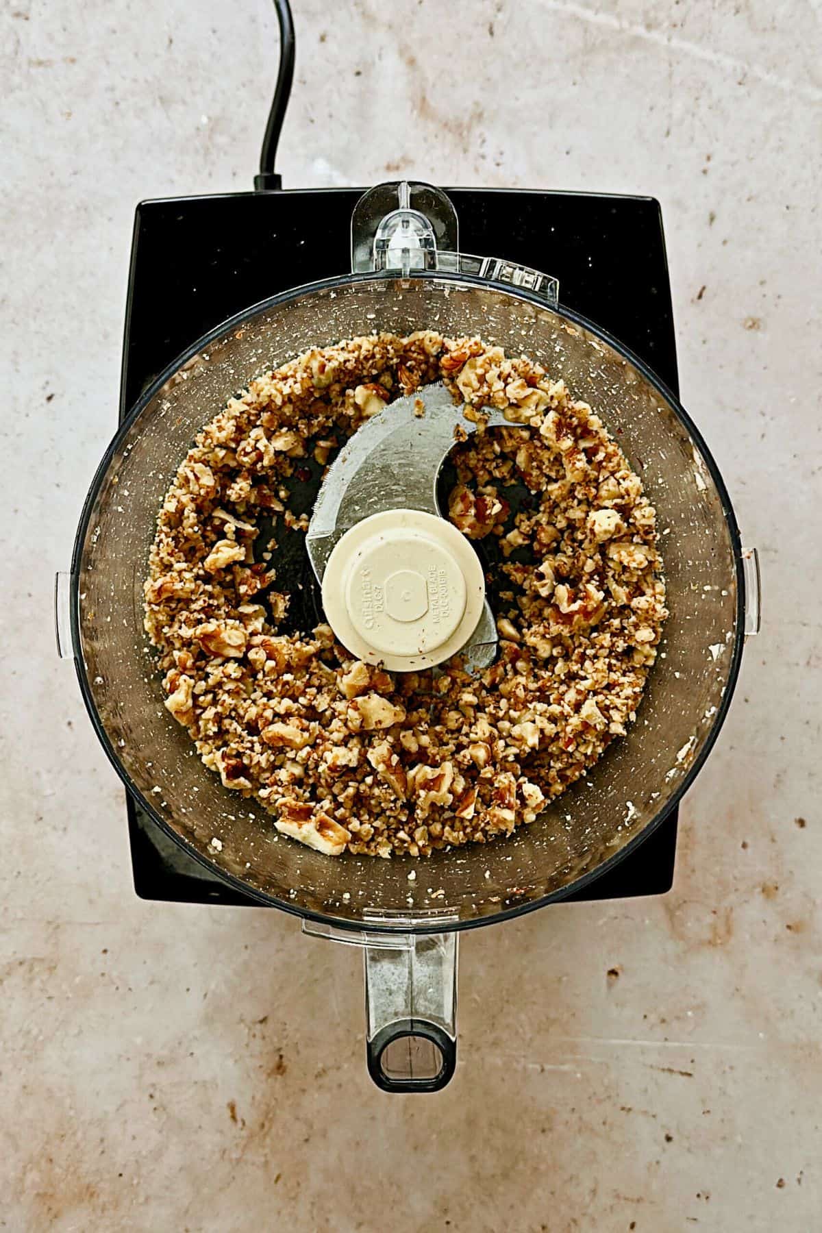 top view of walnuts in food processor.