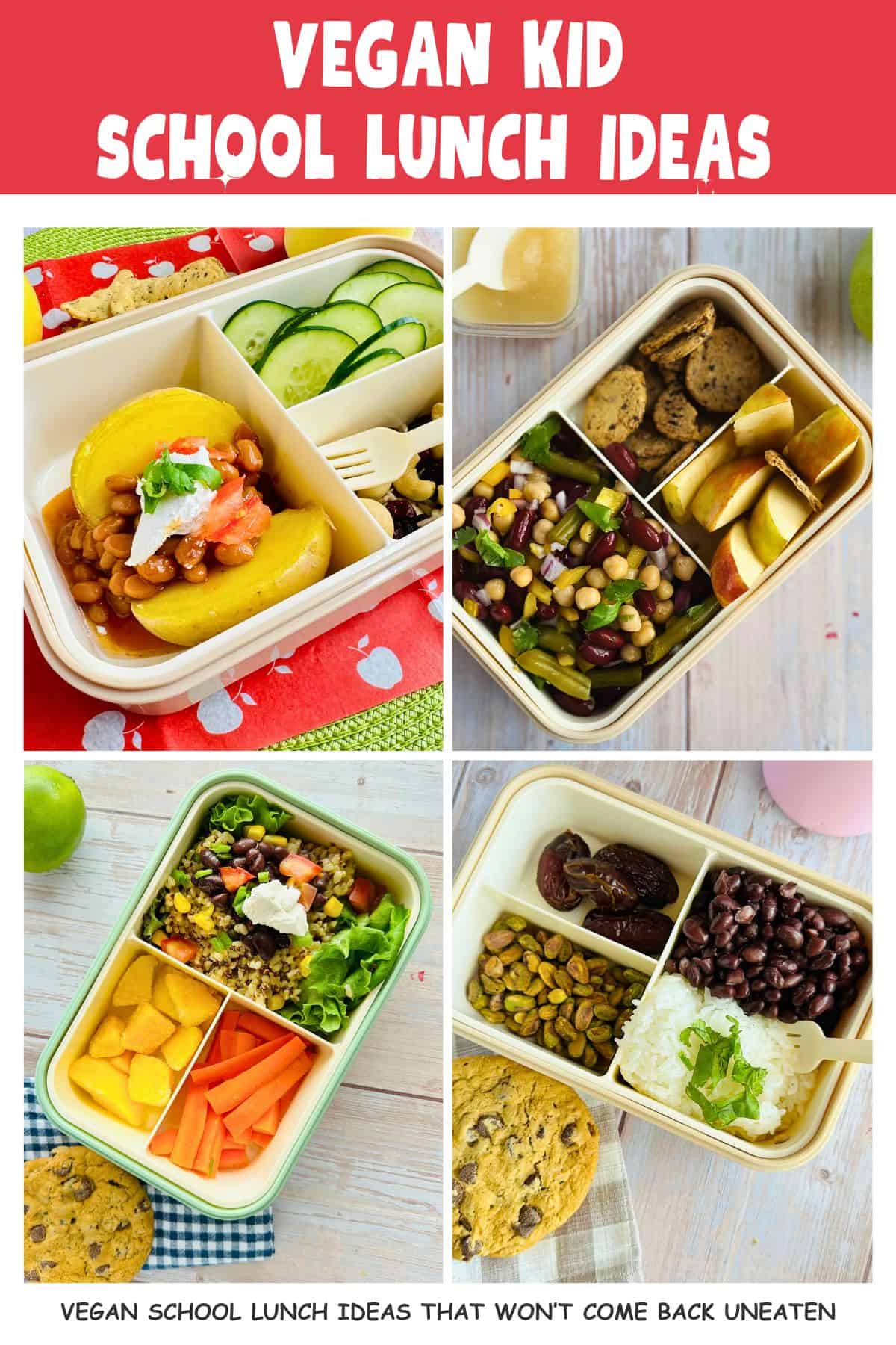 collage of 4 different vegan lunch box meals for kids.