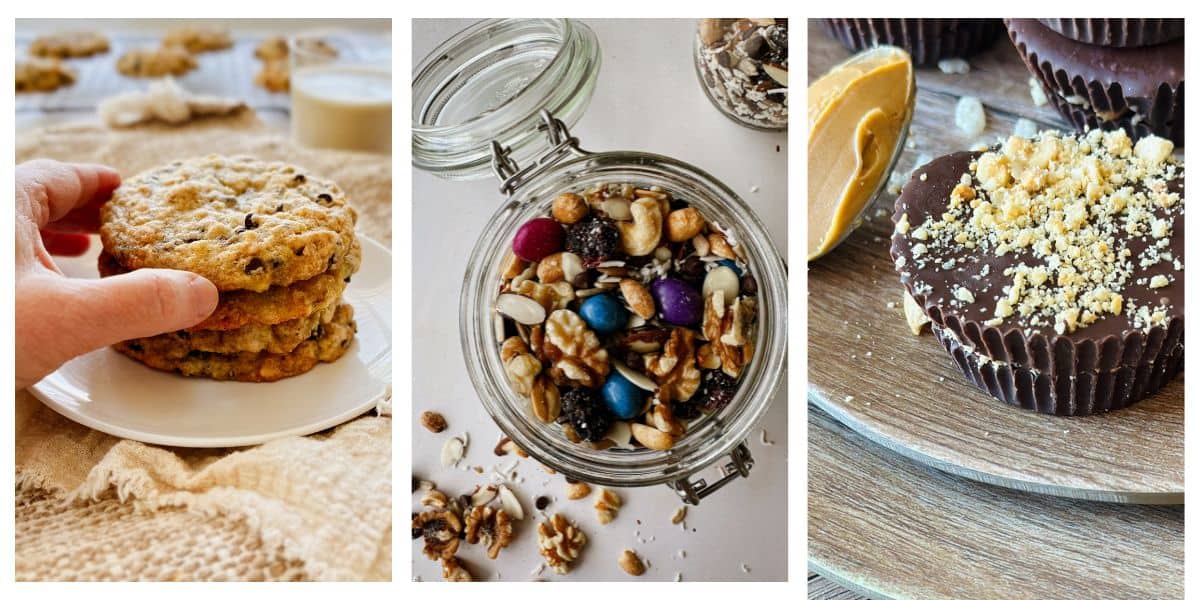 collage showing three vegan treats for kids' lunch boxes. Trail mix, cookie, and pbj cups.