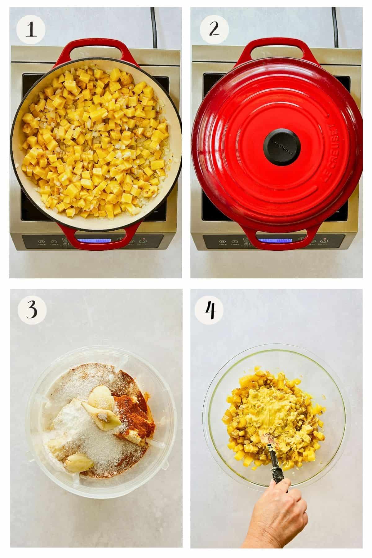 Four-step collage for making a vegan Spanish tortilla. Step 1: diced potatoes and onions cooking in a red Dutch oven on the stove. Step 2: the pan covered with a red lid. Step 3: blender cup filled with tofu, garlic cloves, spices, and flour for the egg mixture. Step 4: a glass bowl with cooked potatoes and onions being mixed with the blended yellow tofu mixture by hand with a spoon.