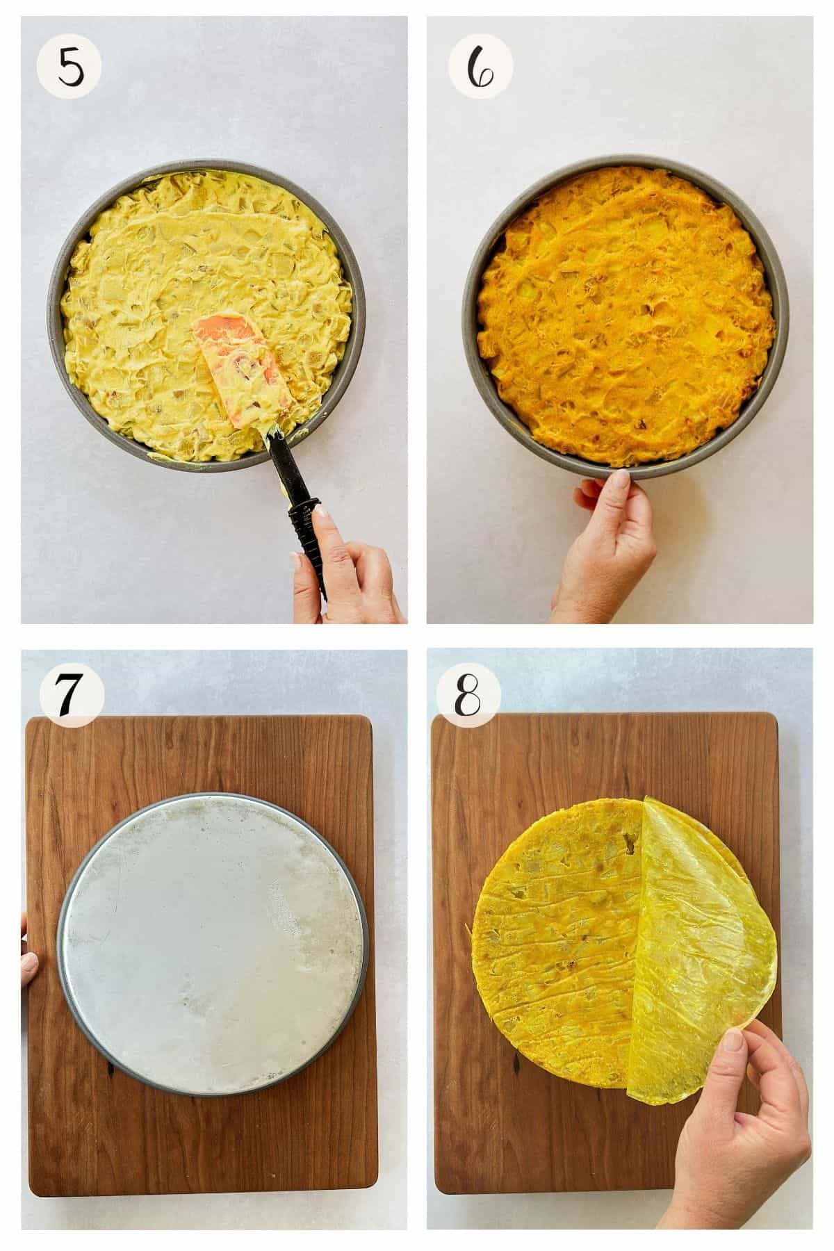 Steps 5-8 collage showing the final stages of making a vegan Spanish tortilla. Step 5: a hand spreads the yellow tofu-potato mixture evenly into a round baking pan with a spatula. Step 6: the cooked tortilla is golden brown on top and still in the pan. Step 7: the tortilla pan is flipped upside down onto a wooden board. Step 8: the tortilla is revealed on the board, with a hand peeling away parchment paper to show the finished golden surface.