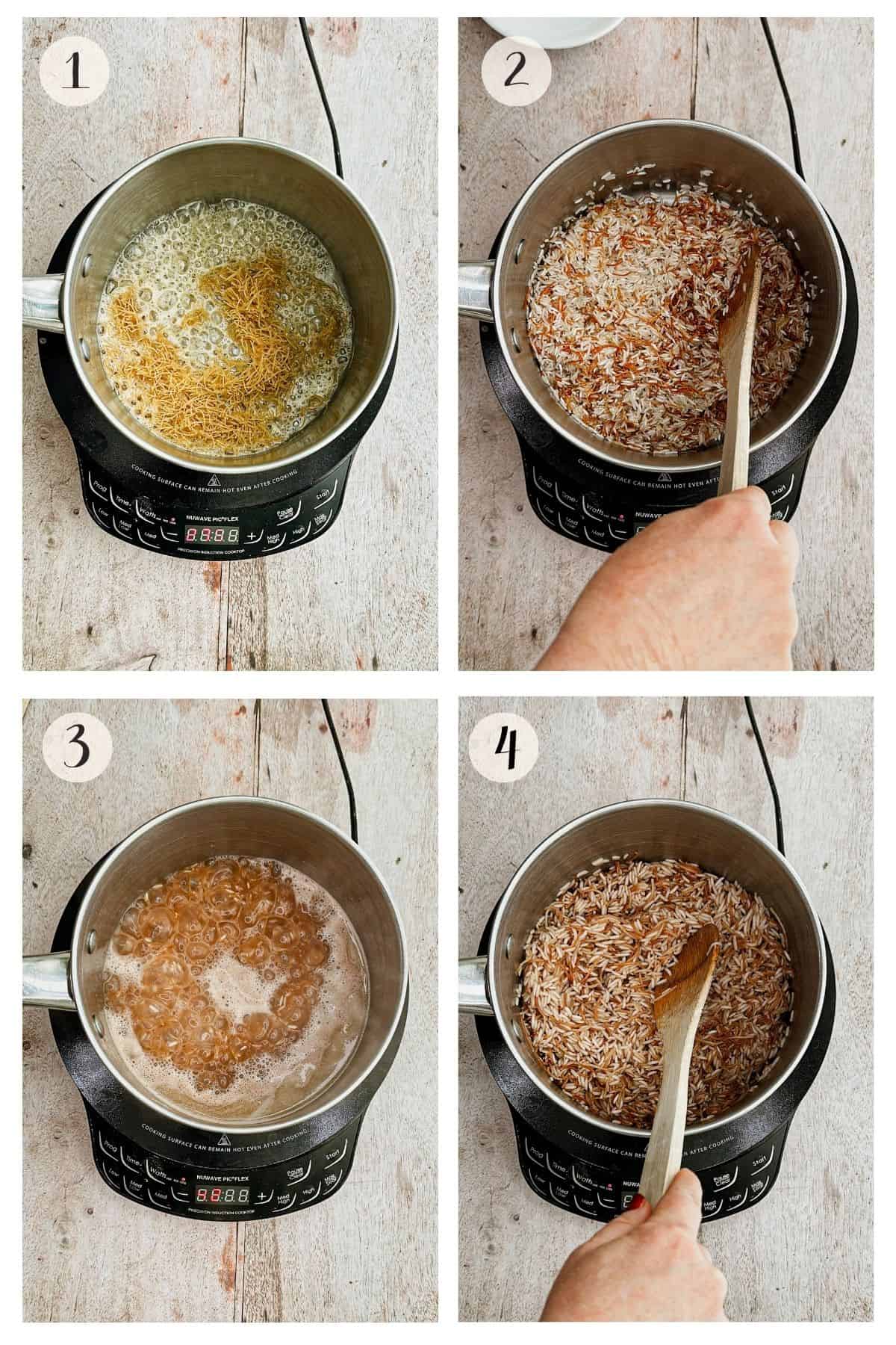 Step-by-step photos showing how to make Arabic rice with vermicelli. Step 1: Vermicelli noodles toasting in a pot with butter. Step 2: Uncooked rice added to the toasted vermicelli. Step 3: Water boiling over the rice and vermicelli mixture. Step 4: Fluffed cooked rice with evenly toasted vermicelli, stirred with a wooden spoon.
