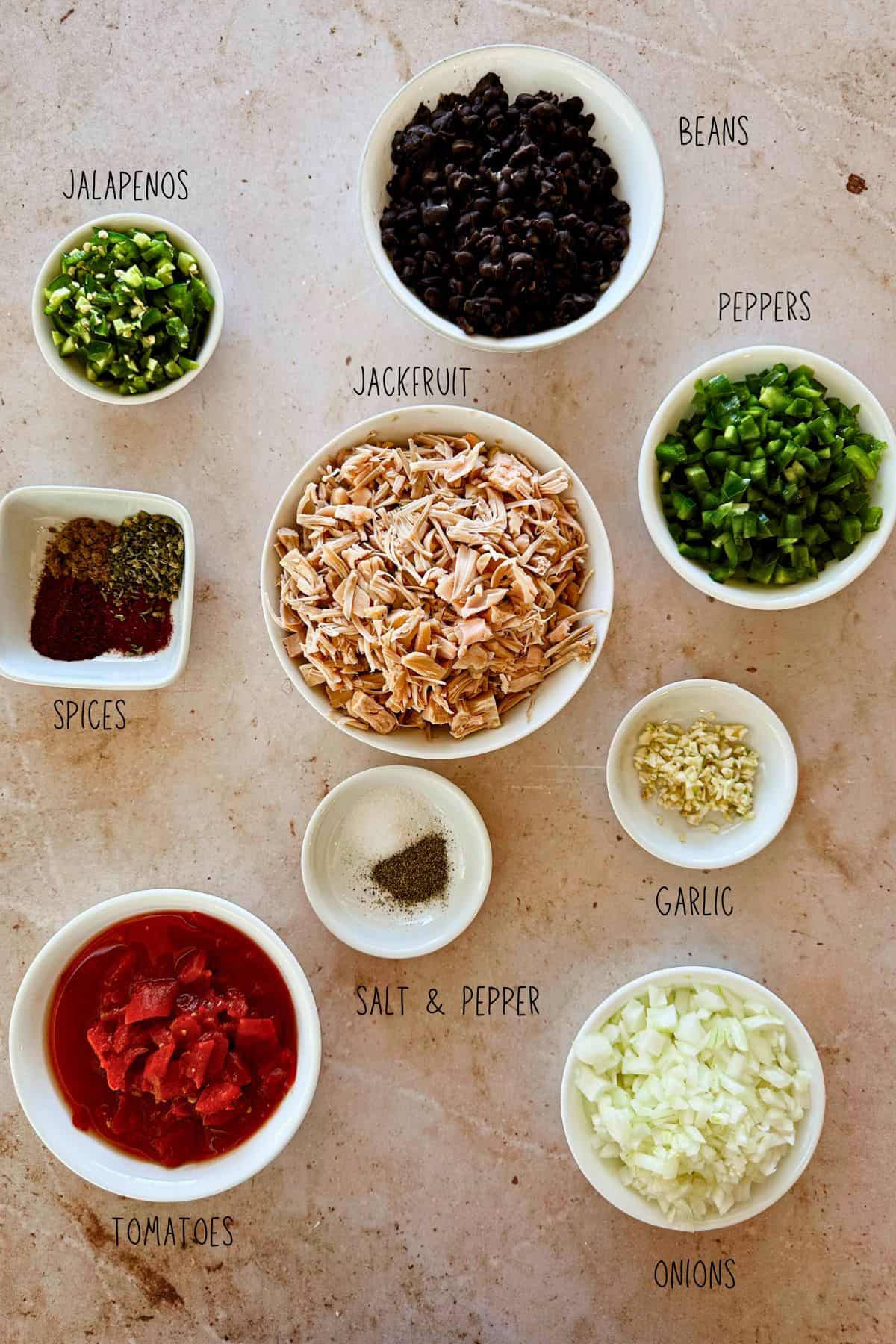 vegan jackfruit nachos ingredients ingredients in bowl for making the jackfruit.