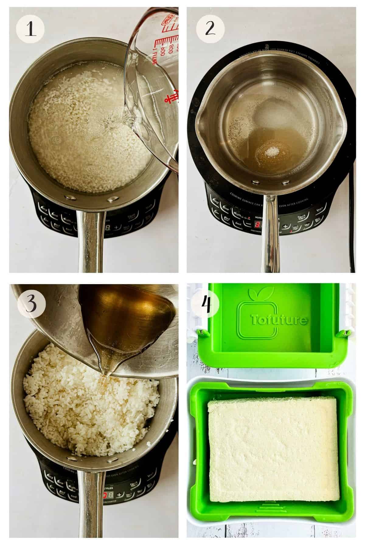 Step-by-step prep for vegan sushi bake. Step 1 shows sushi water being poured into a saucepan with rice. Step 2 displays a pot with vinegar, sugar, and salt on an induction burner. Step 3 shows seasoned vinegar being poured over cooked rice. Step 4 shows tofu being pressed in a green Tofuture tofu press.