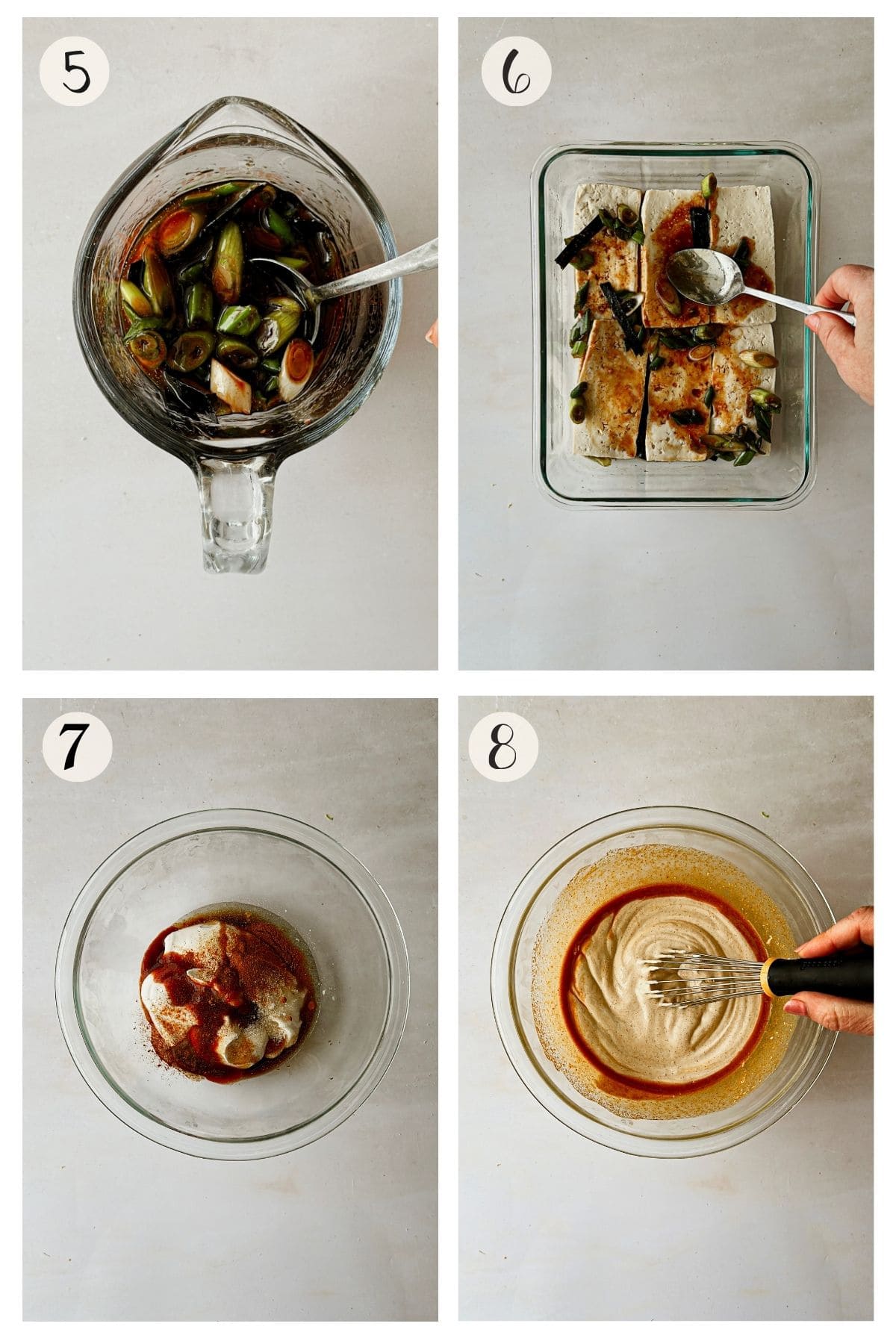 Steps for marinating tofu and preparing spicy mayo for vegan sushi bake. Step 5 shows sliced green onions in a soy-based marinade. Step 6 shows the marinade being spooned over tofu slices. Step 7 shows a mixing bowl with vegan mayo and spices. Step 8 shows the mixture being whisked into a creamy sauce.